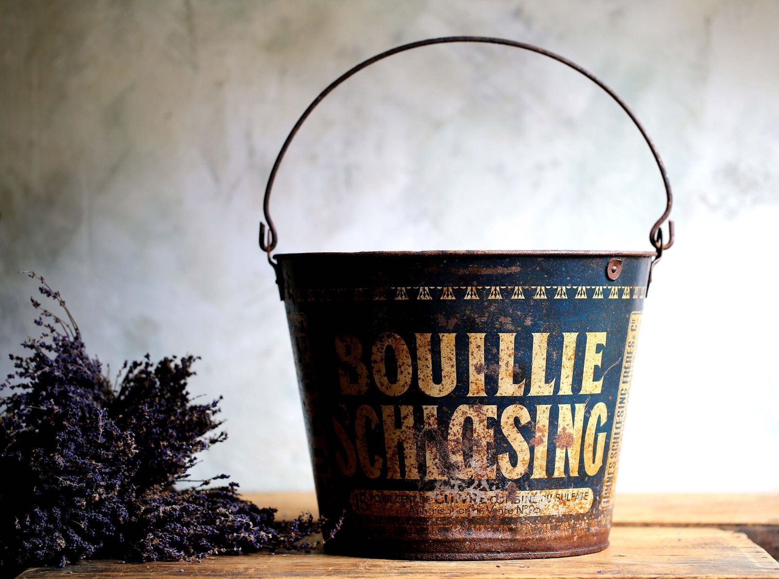 Large Vintage French Bucket Rusty Pail Rustic Metal Advertising Bouillie Schloesing photo buy