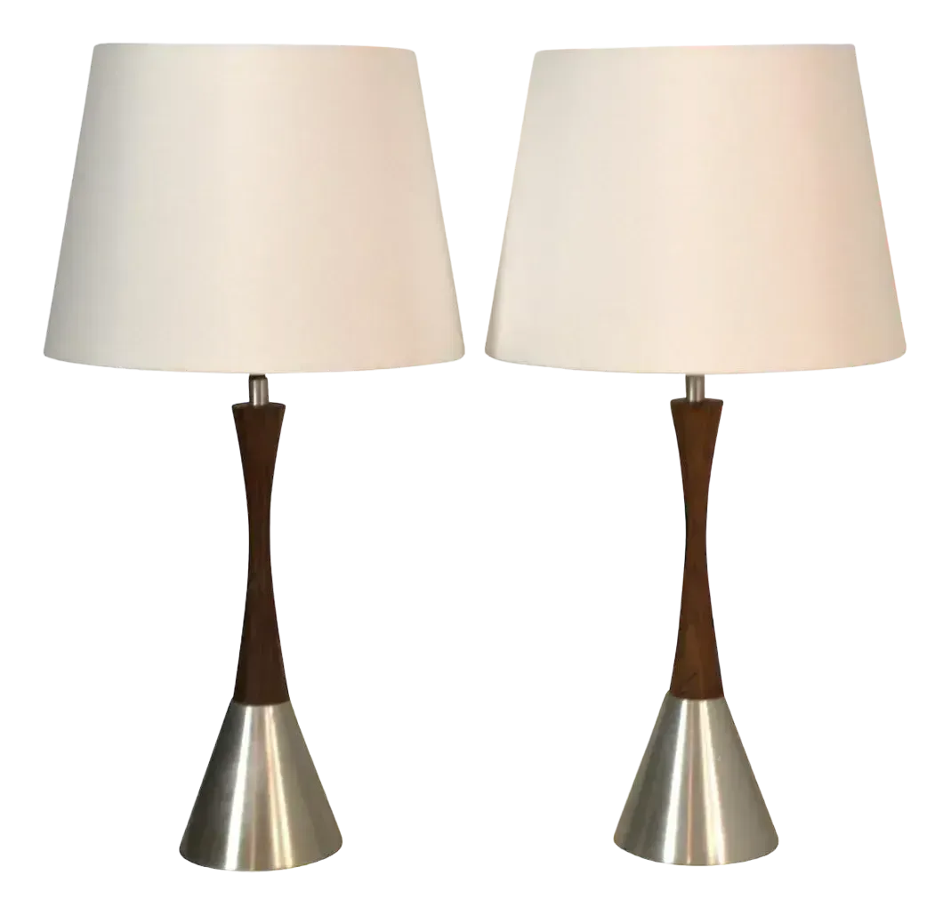 Modern Swedish Brushed Aluminium And Teak Table Lamps By Bergboms, Set Of 2