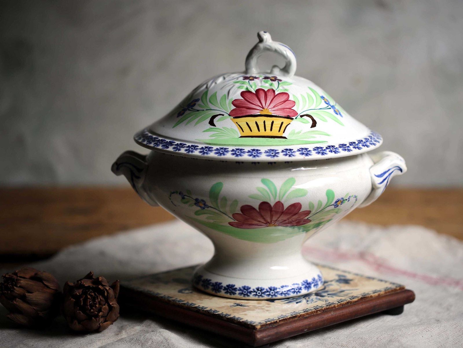 Antique French Tureen Hand Painted Floral Soup Dish Lebacqz Bouchart photo for sale