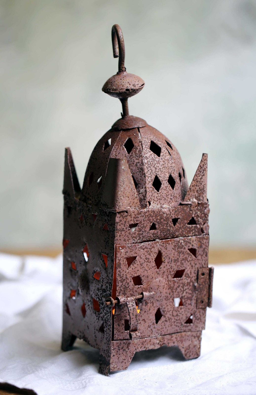 Antique Rusty Iron Lantern Candle Holder Primitive Moroccan Folk Art Style Storm Lamp photo Lighting