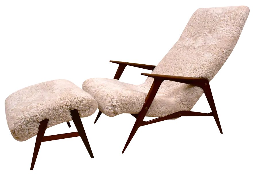 Set Of Swedish Siesta Lounge Chair With Footrest In Teak And Sheepskin From Jio Möbler, 1950s