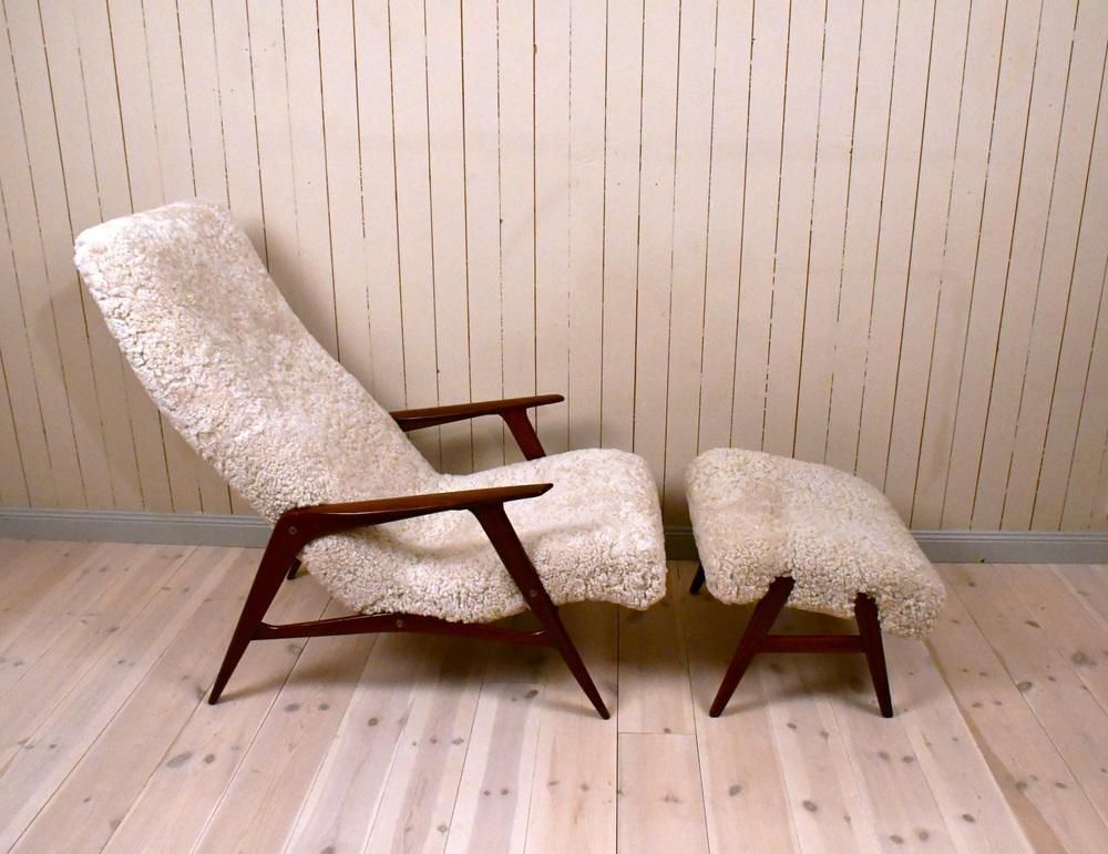 Set Of Swedish Siesta Lounge Chair With Footrest In Teak And Sheepskin From Jio Möbler, 1950s photo Furniture