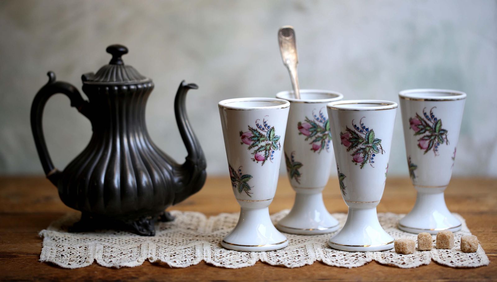 Antique French Bistro Cups Floral Porcelain Coffee Goblets Set Of 4 photo buy