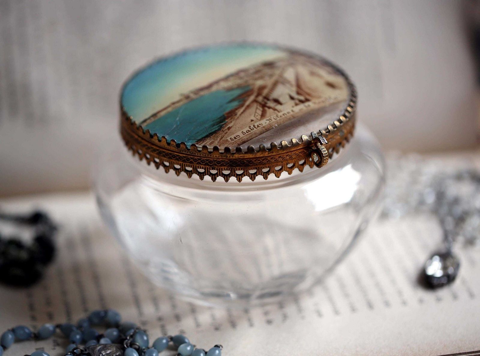 Antique French Ormolu Souvenir Ring Box Round Casket Glass Case Les Sables D'olonne photo for sale