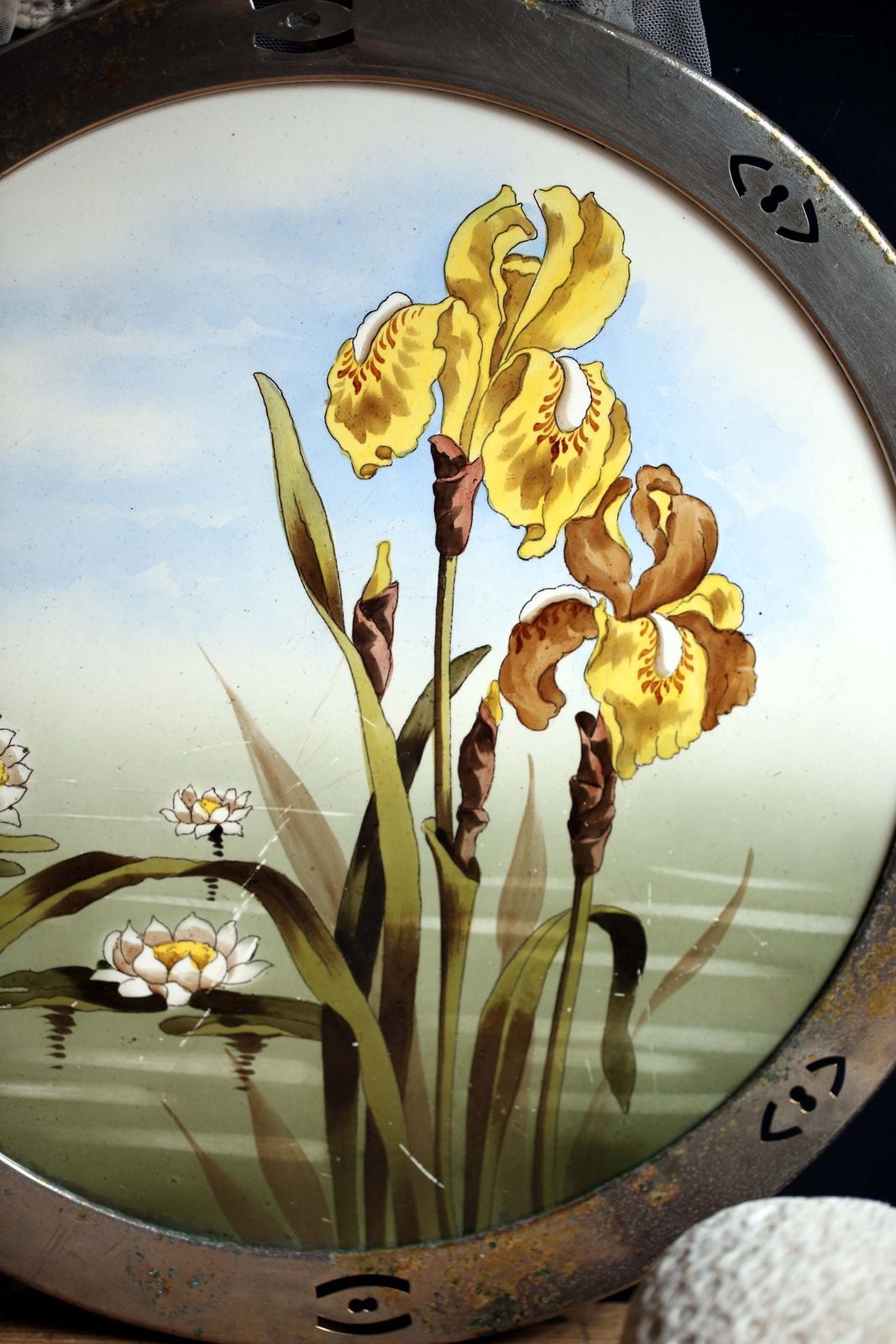 Large Antique Art Nouveau Tray Porcelain Yellow Irises Plate By Max Dannhorn photo vinterior
