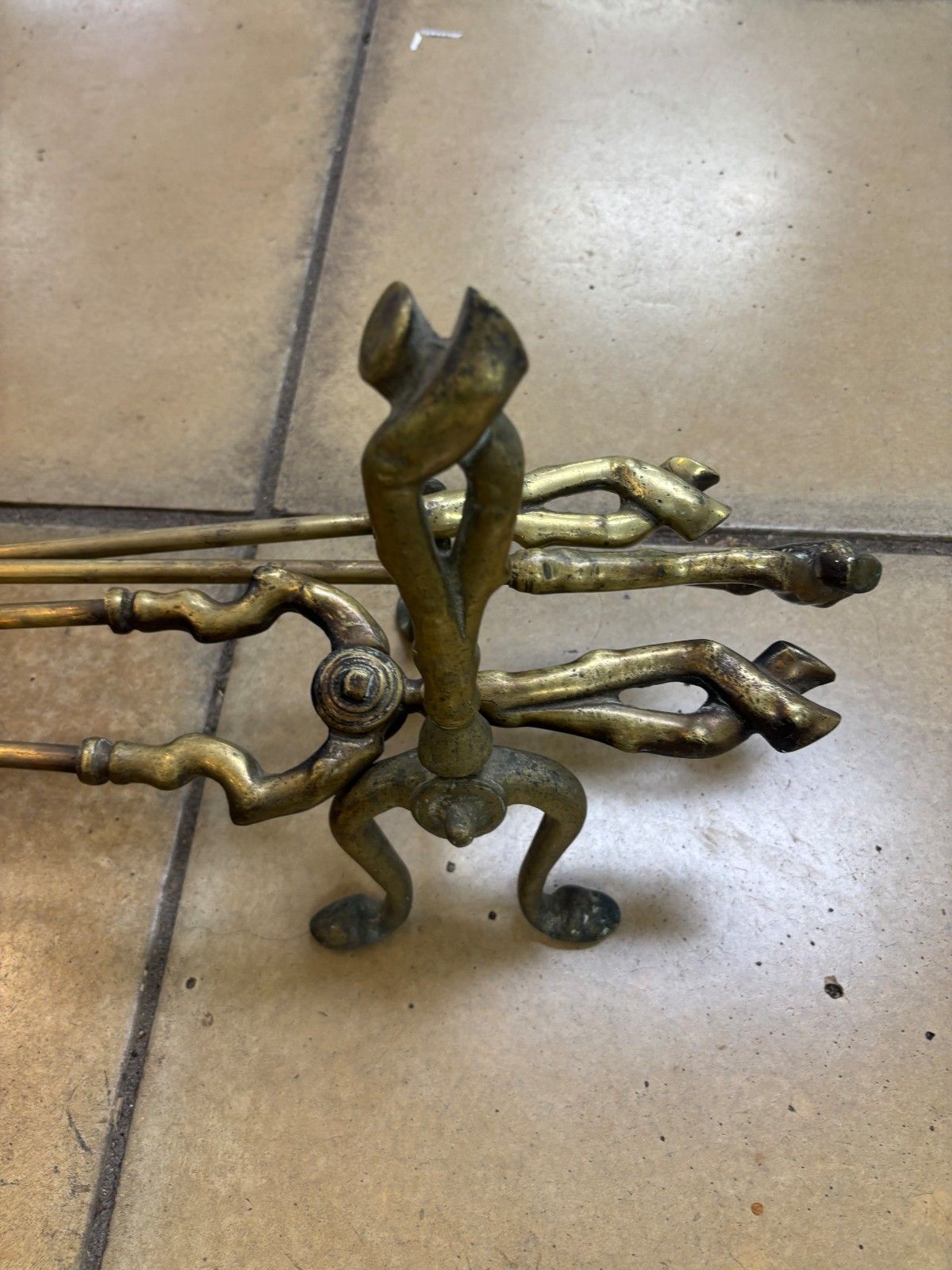Antique Brass Fire Companion Set With Fire Dog Stands photo 85.0