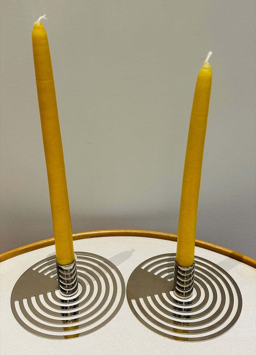 Pair Of Swedish Contemporary Polished Chrome Concentric Patterned Eightmood Candleholders photo for sale