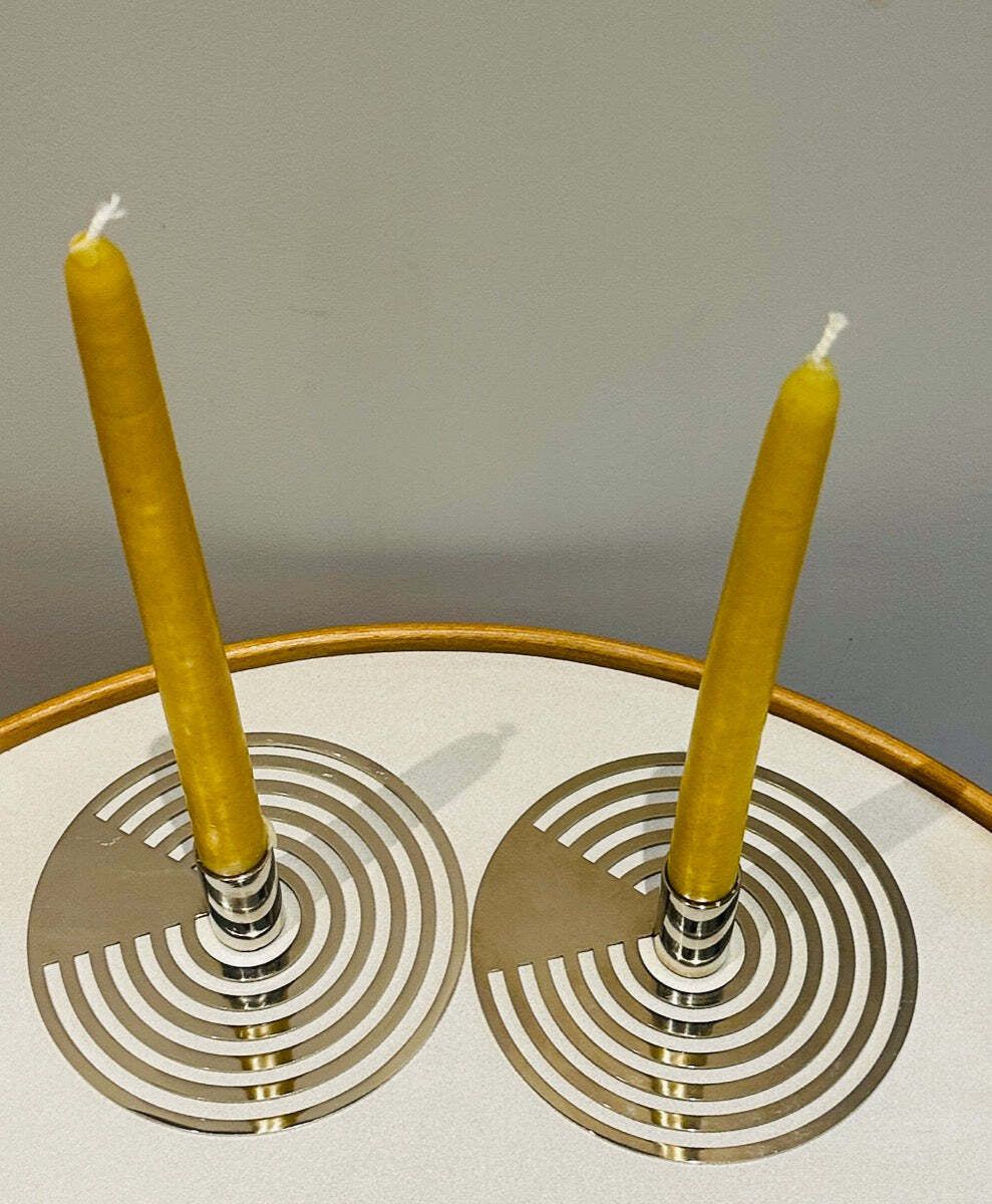 Pair Of Swedish Contemporary Polished Chrome Concentric Patterned Eightmood Candleholders photo Home Decor