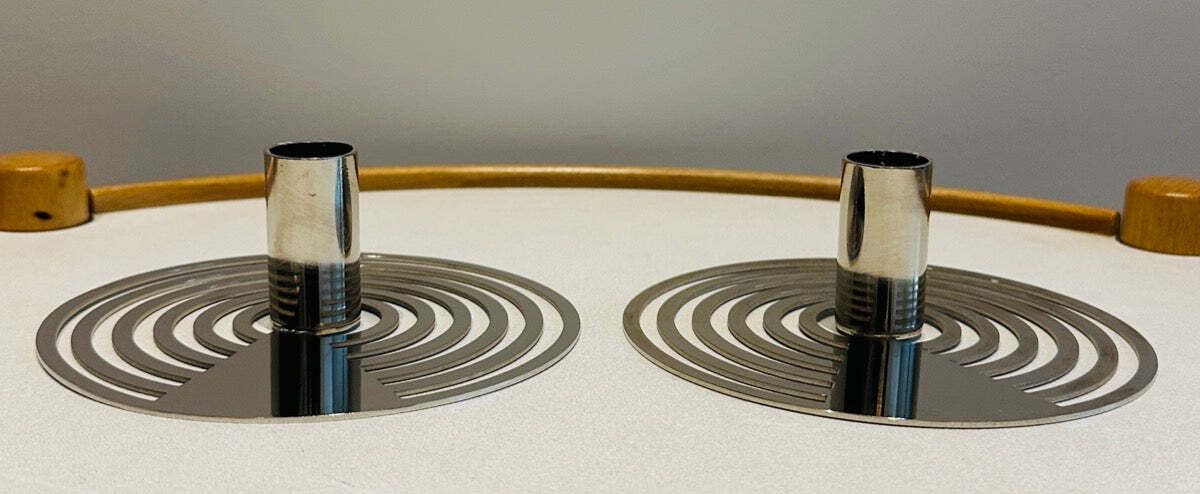 Home Decor Pair Of Swedish Contemporary Polished Chrome Concentric Patterned Eightmood Candleholders photo