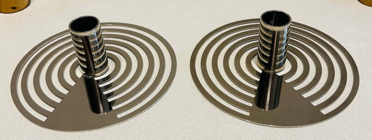 75.0 Pair Of Swedish Contemporary Polished Chrome Concentric Patterned Eightmood Candleholders photo