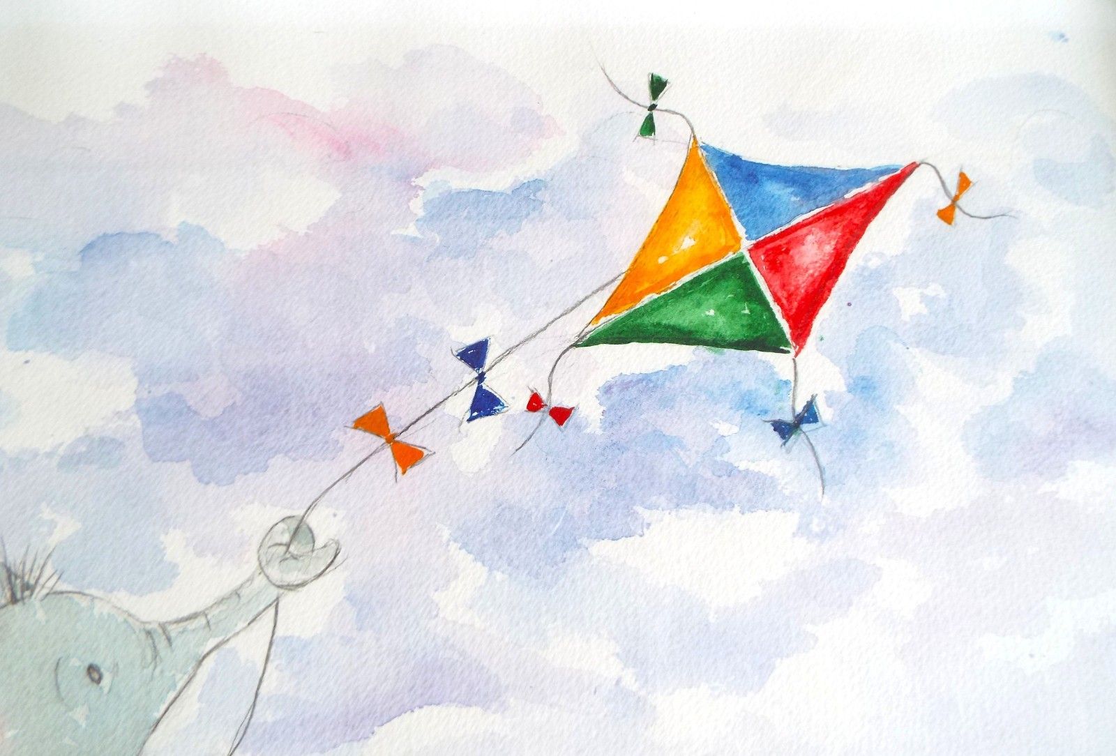 New Watercolour Kite Flying Elephants Painting Framed Original Andi Lucas photo 99.0