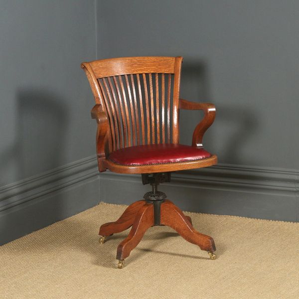 English Edwardian Oak & Red Leather Revolving Office Desk Arm Chair (Circa 1910)