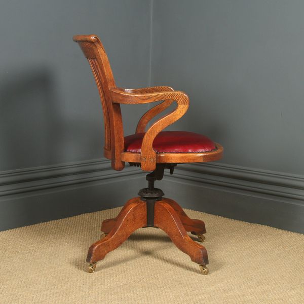 English Edwardian Oak & Red Leather Revolving Office Desk Arm Chair (Circa 1910) photo vinterior