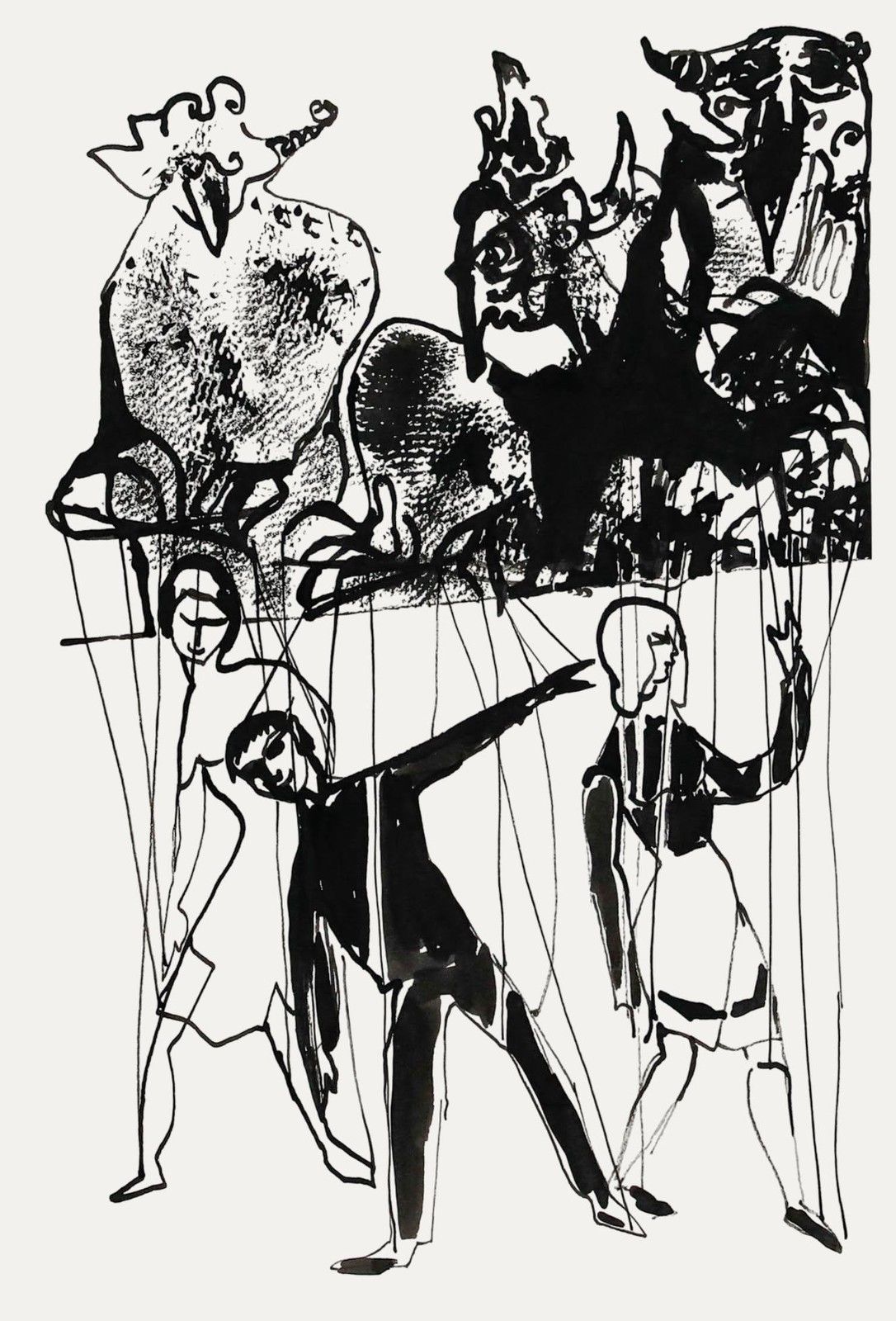 Charlotte Heister (1921 1998) Mid 20th Century India Ink, Marionettes