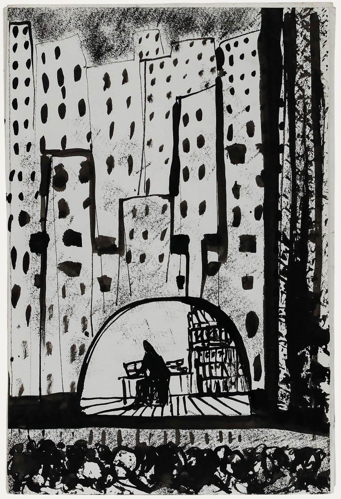 Charlotte Heister (1921 1998) Mid 20th Century India Ink, The Big City