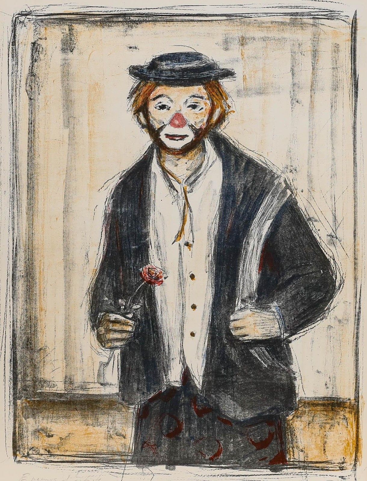 August Frey (1912 1998) 1980 Lithograph, Clown With Rose photo furniture