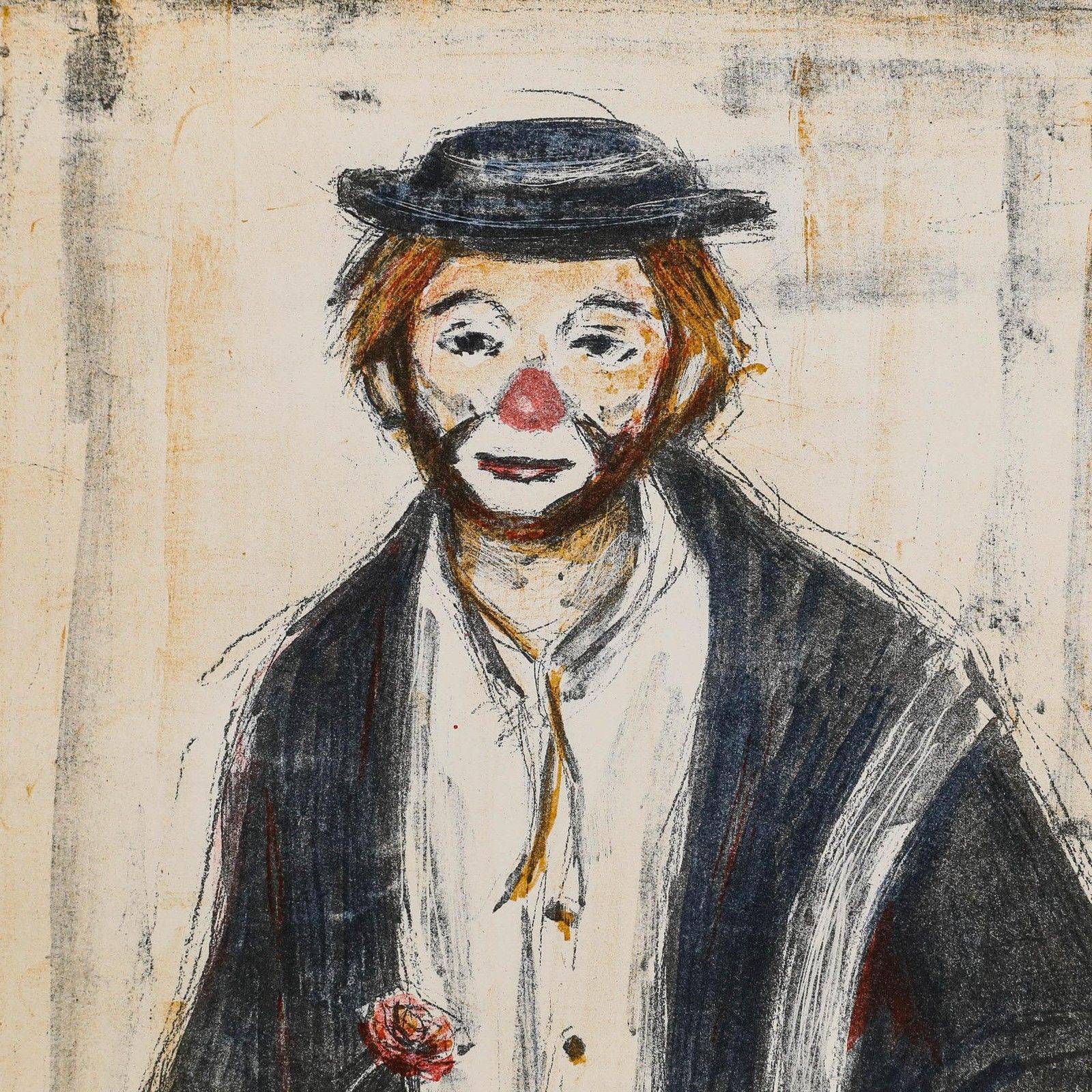 August Frey (1912 1998) 1980 Lithograph, Clown With Rose photo Art