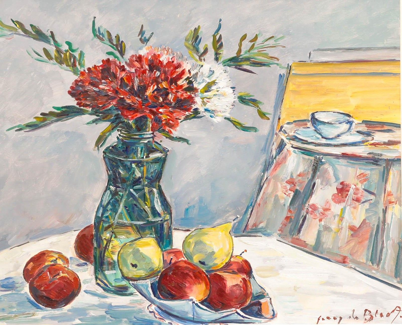Jenny De Bloot (1901 1988) Mid 20th Century Oil, Chrysanthemums With Apples photo furniture