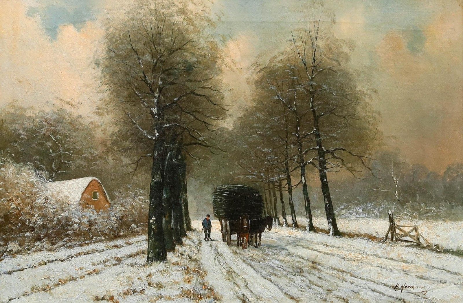 H. Hermans Early 20th Century Oil, Working On A Winter's Day photo furniture