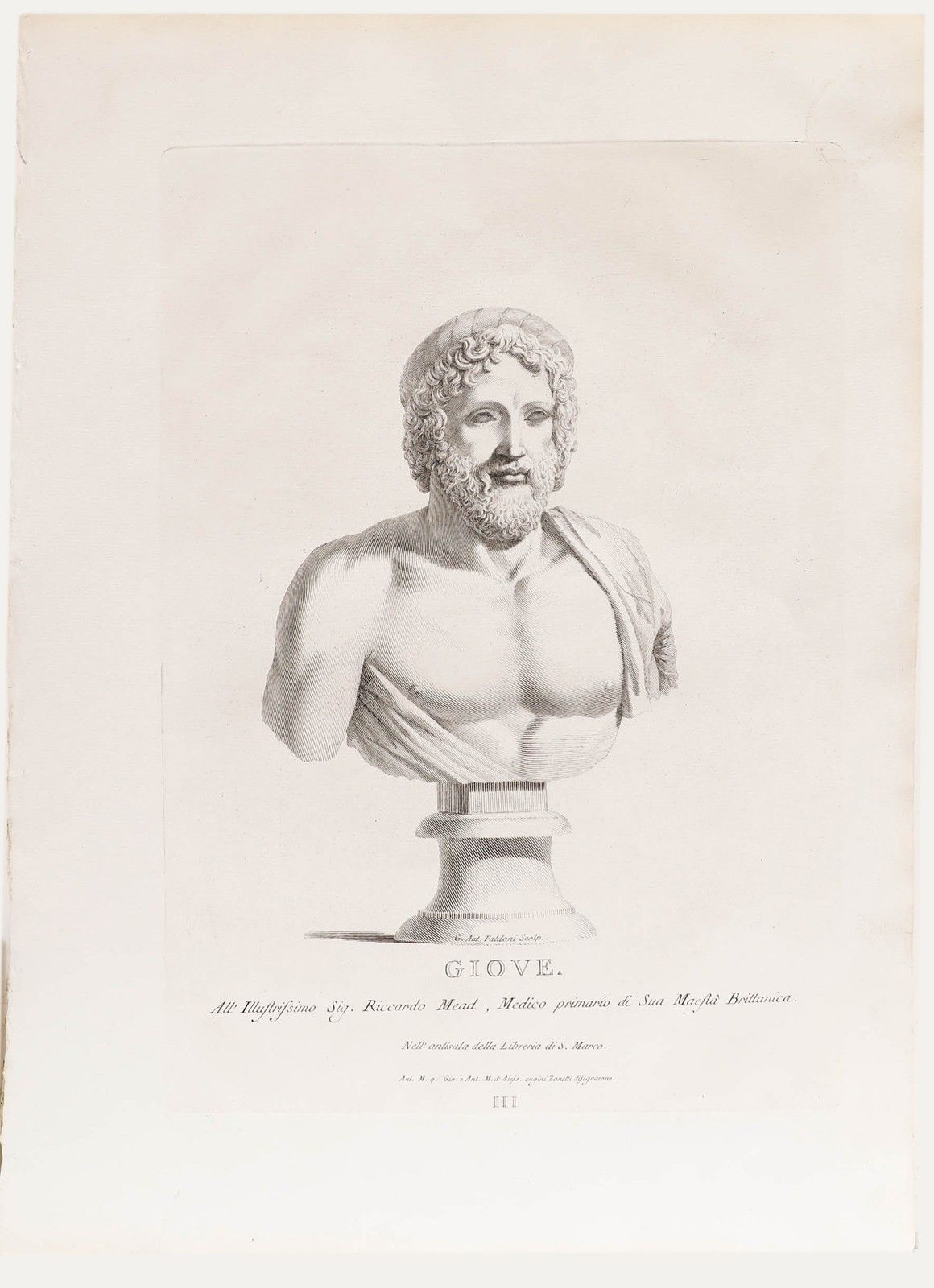 Zanetti's Ancient Statues 18th Century Engraving, Giove