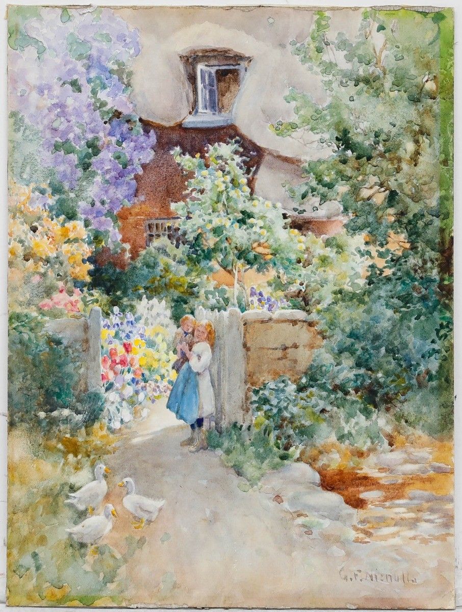 George F. Nicholls (1885 1937) Watercolour, Children By The Cottage Gate