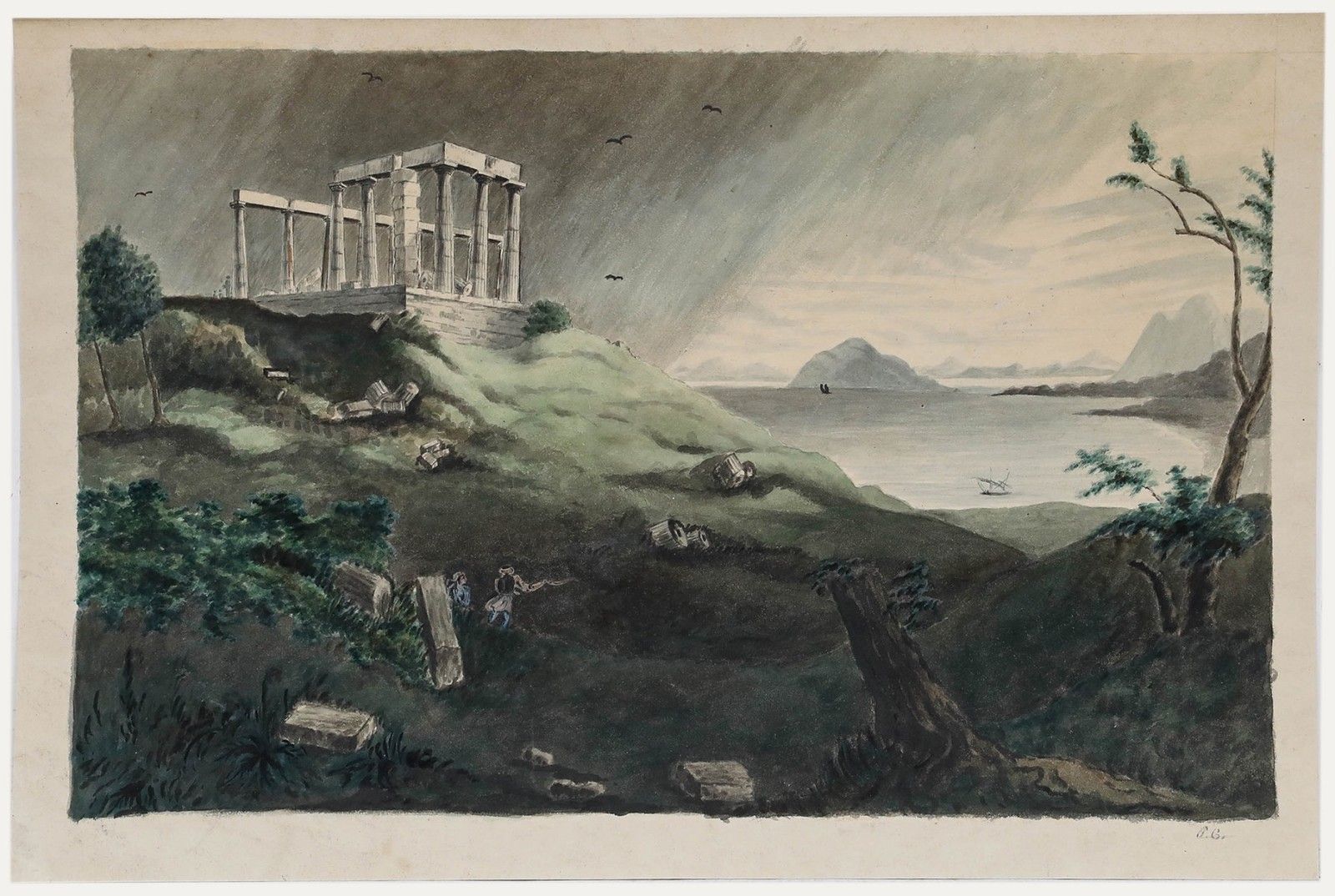 19th Century Watercolour A Ruined Temple By The Sea