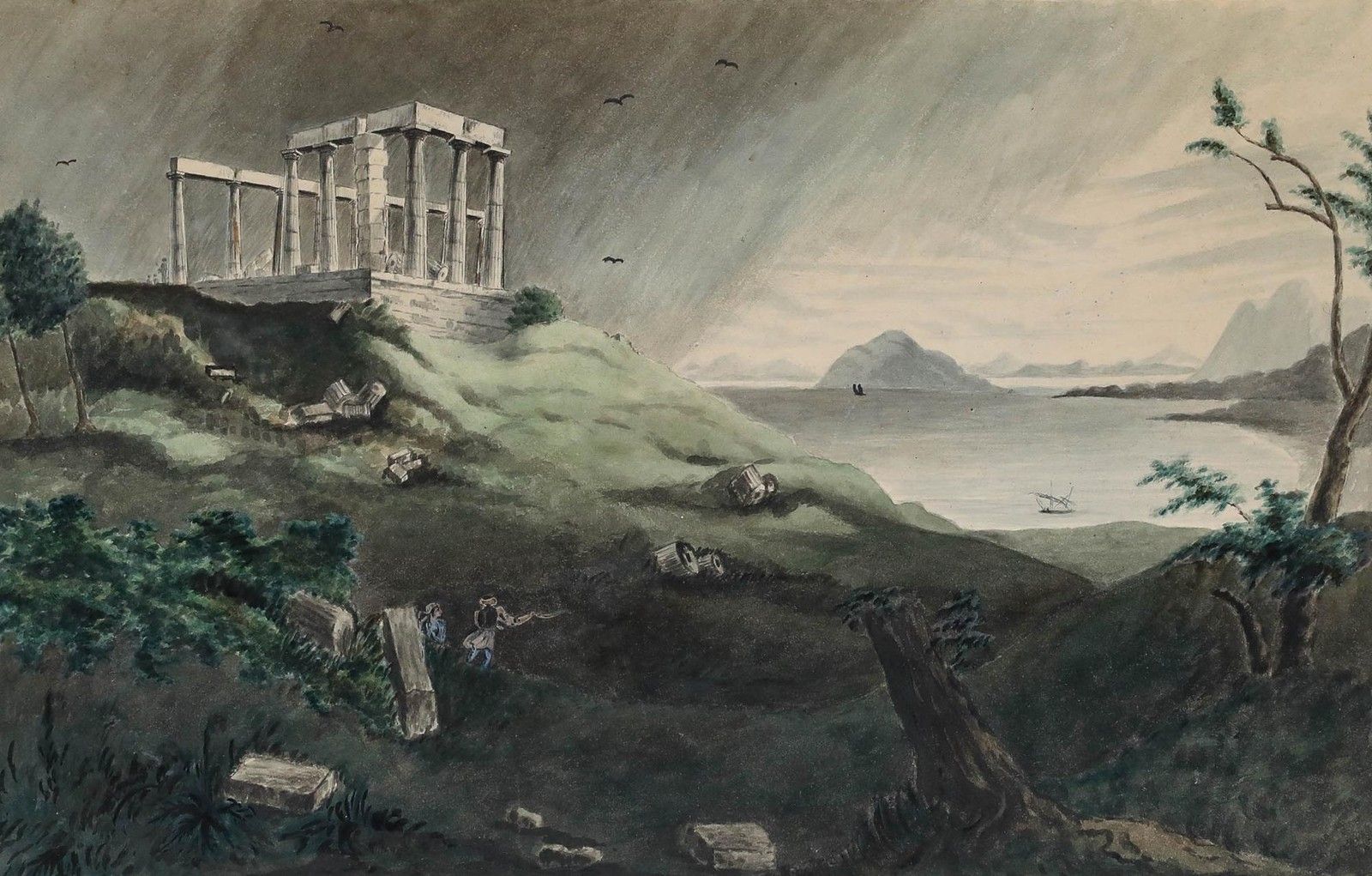 19th Century Watercolour A Ruined Temple By The Sea photo furniture