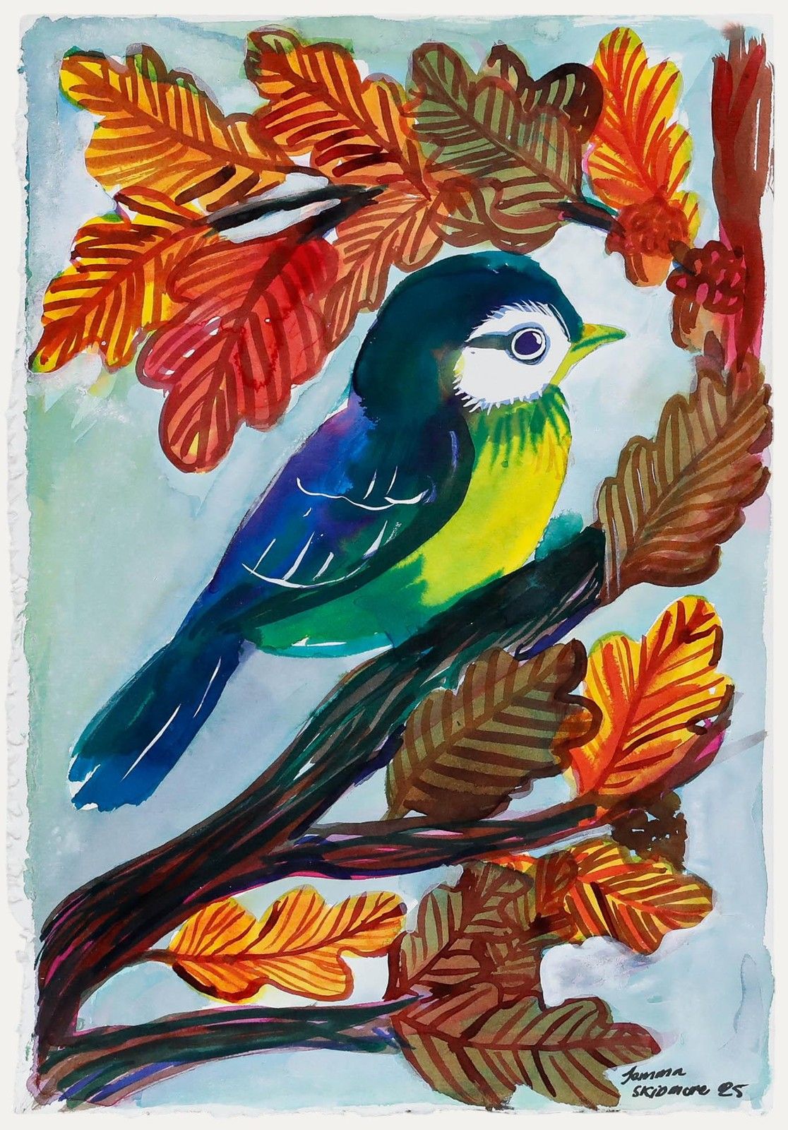 Jemma Jamie 2025 Watercolour, Blue Tit In Autumn Leaves