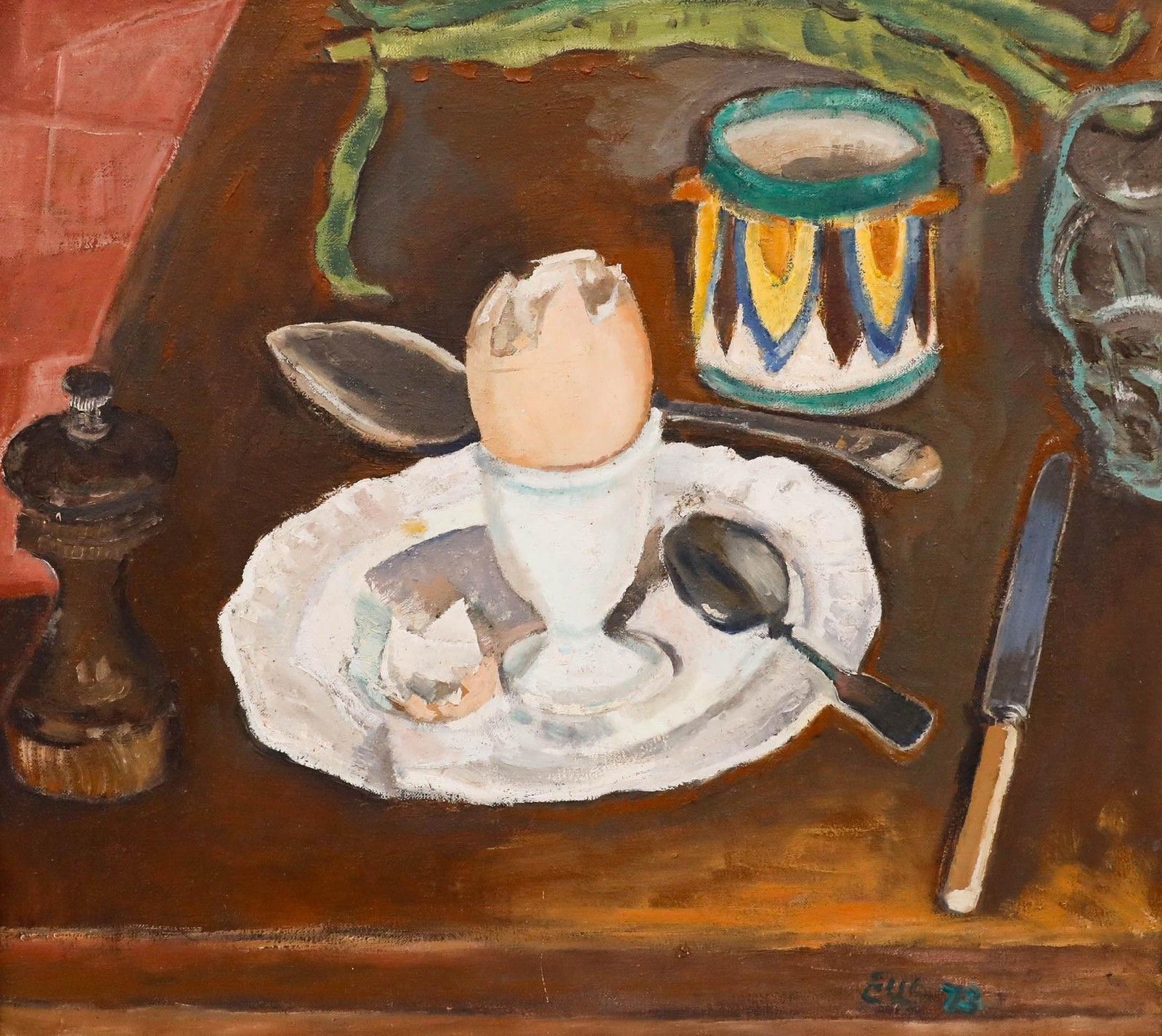 Edward Lewis (1936 2018) Framed 20th Century Oil, Boiled Egg & Runner Beans photo furniture