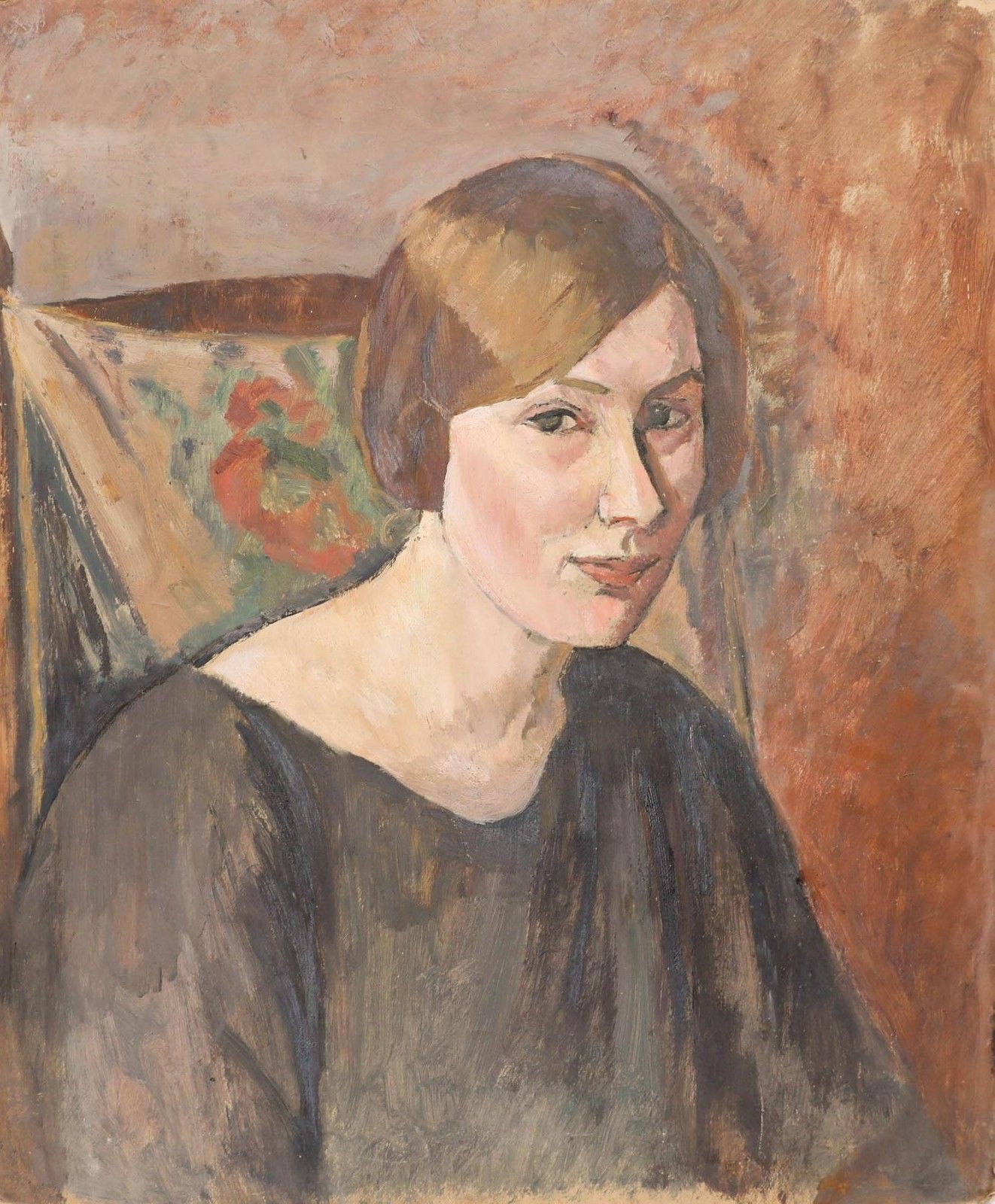 Cecile Hertz Eyrolles (1875 1974) Mid 20th Century Oil, A Shy Smile photo furniture