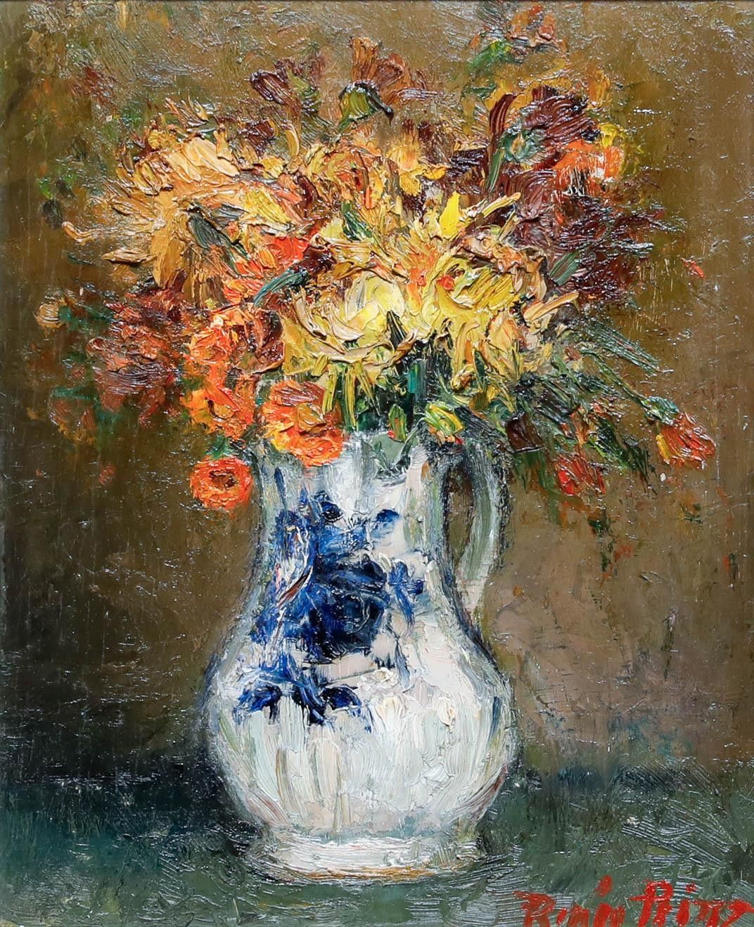 Renee Prinz (1883 1973) Mid 20th Century Oil, Orange Flowers photo furniture