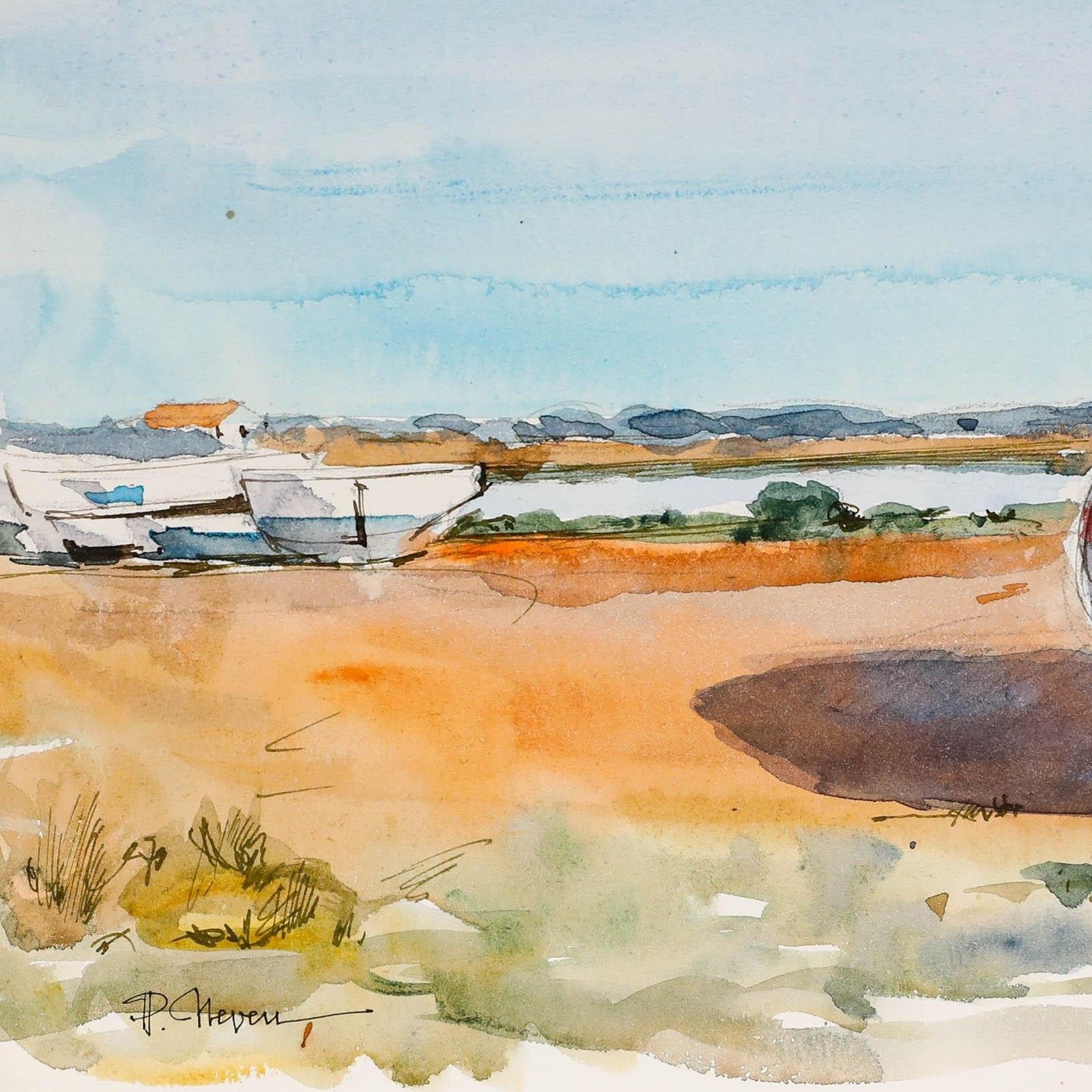 Pierre Neveu (B.1929) Contemporary Watercolour, Boats In Noumentier photo 195.0