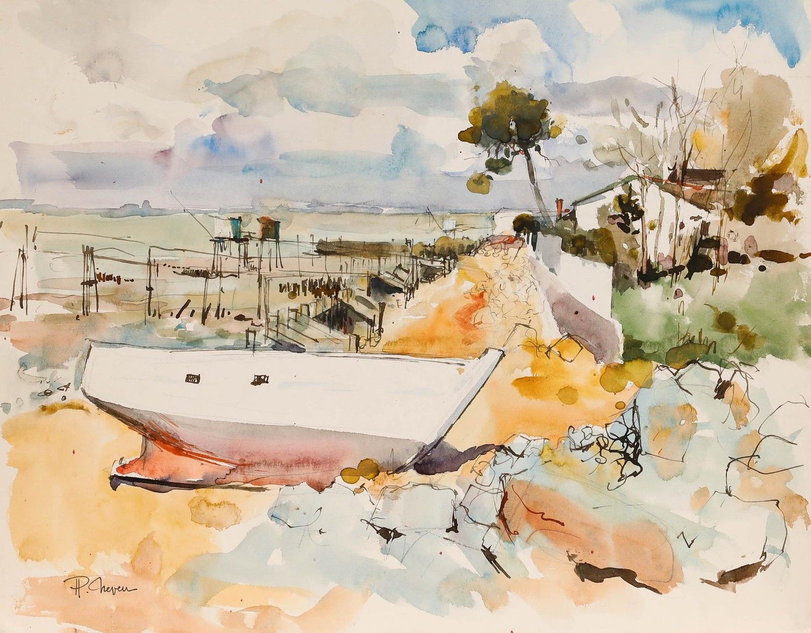 Pierre Neveu (B.1929) Contemporary Watercolour, By The Harbour photo furniture