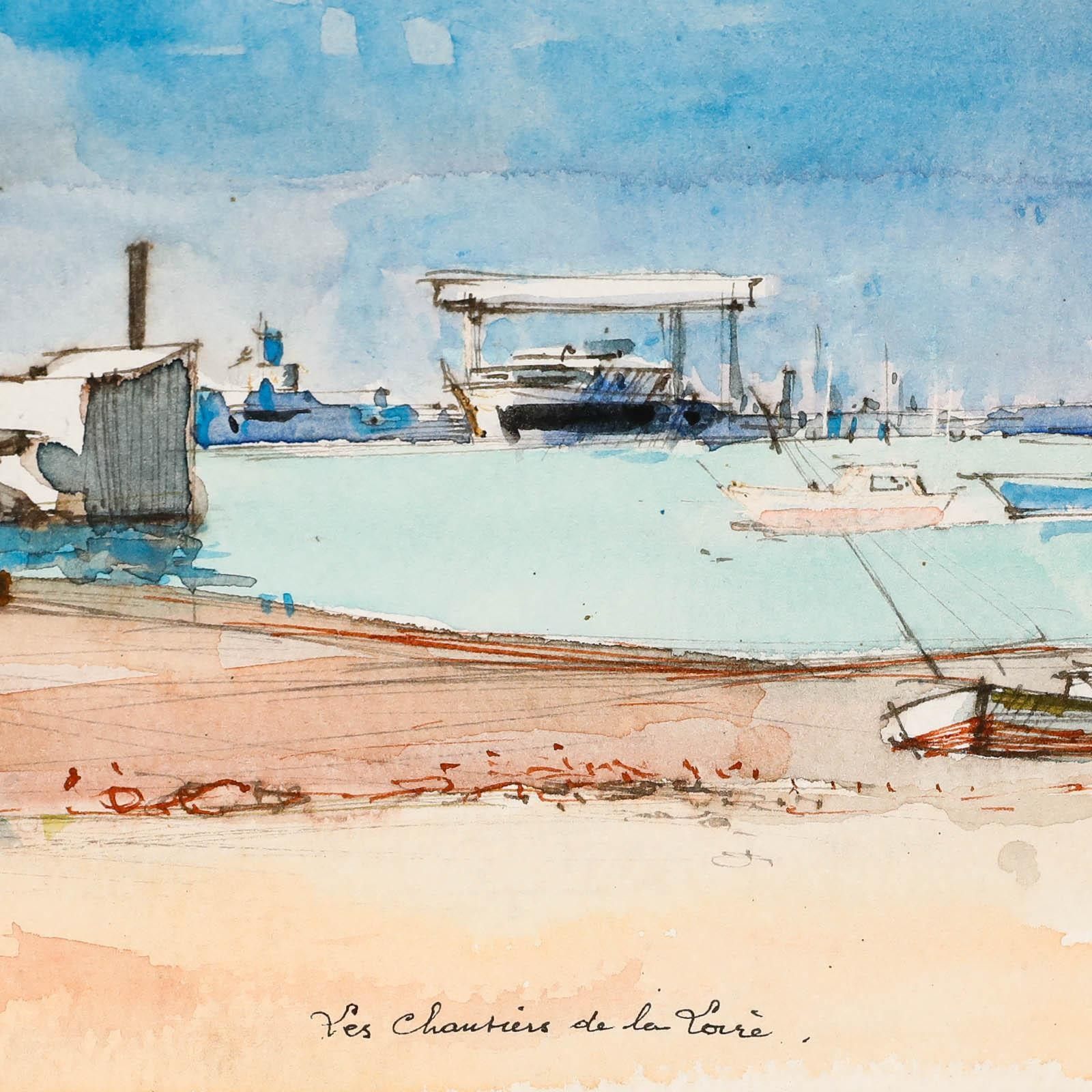 Pierre Neveu (B.1929) Contemporary Watercolour, Loire Shipyard photo Art
