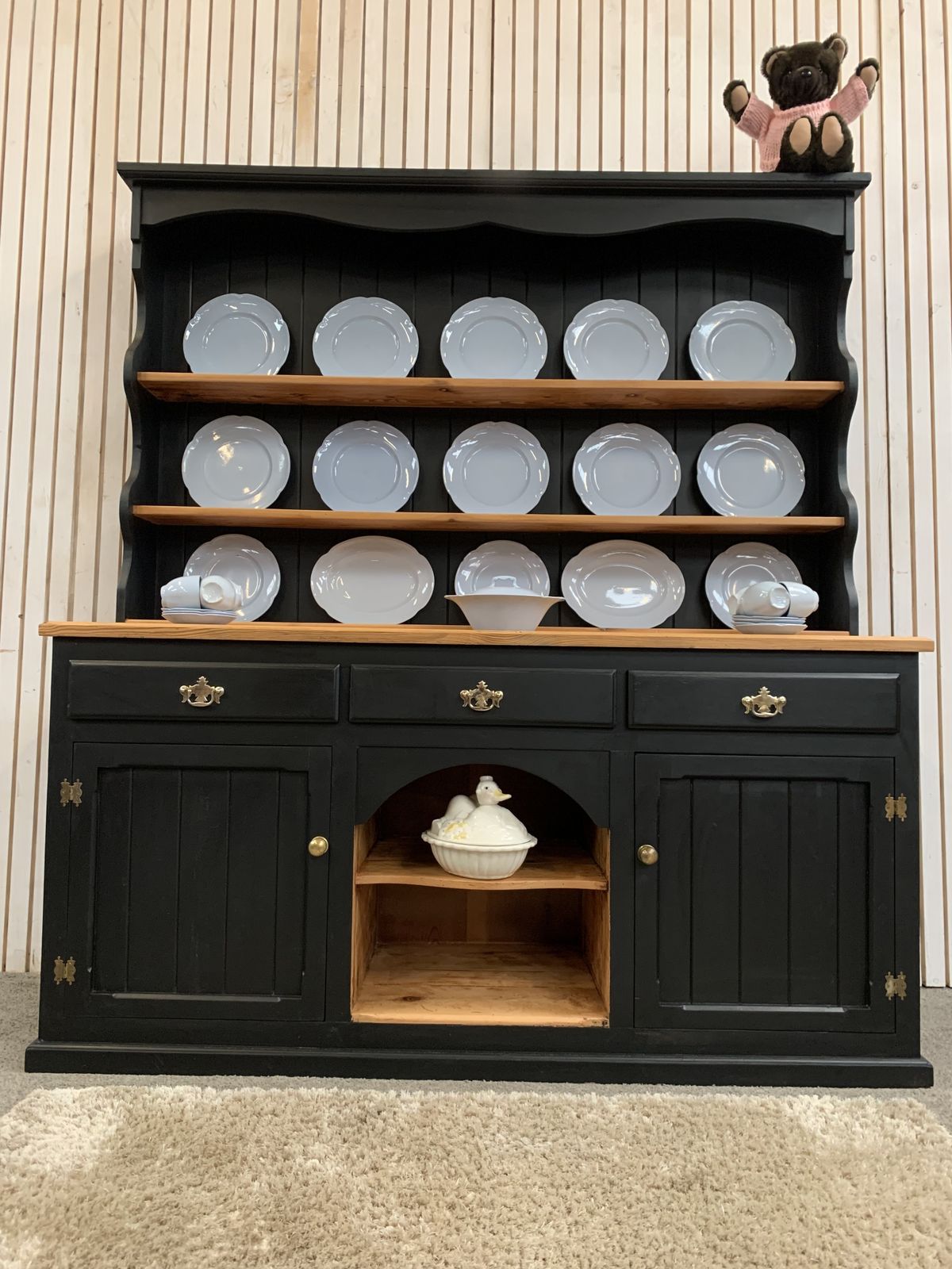 Painted Black Upcycled Pine Country Farmhouse Large 2 Door  Welsh Dresser. photo 849.0