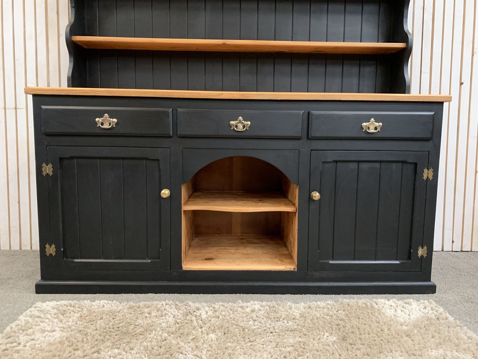 Furniture Painted Black Upcycled Pine Country Farmhouse Large 2 Door  Welsh Dresser. photo