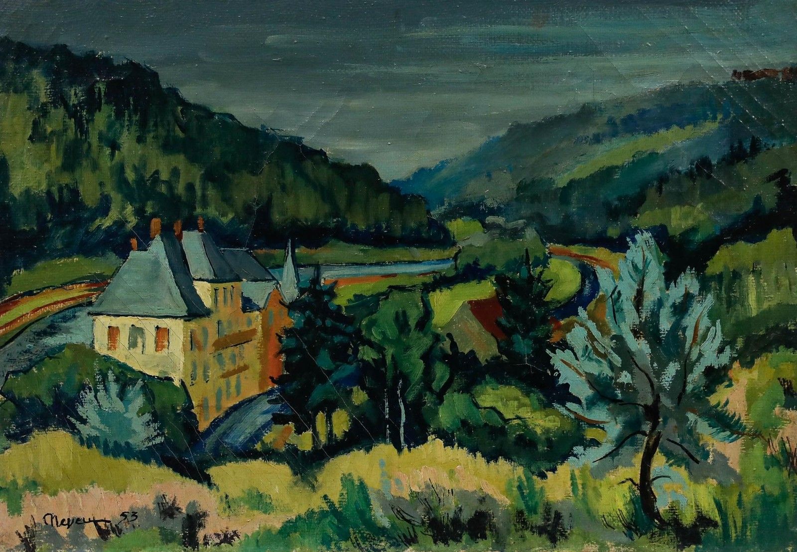 Pierre Neveu (B.1929) 1953 Oil, Countryside In Bloom photo furniture