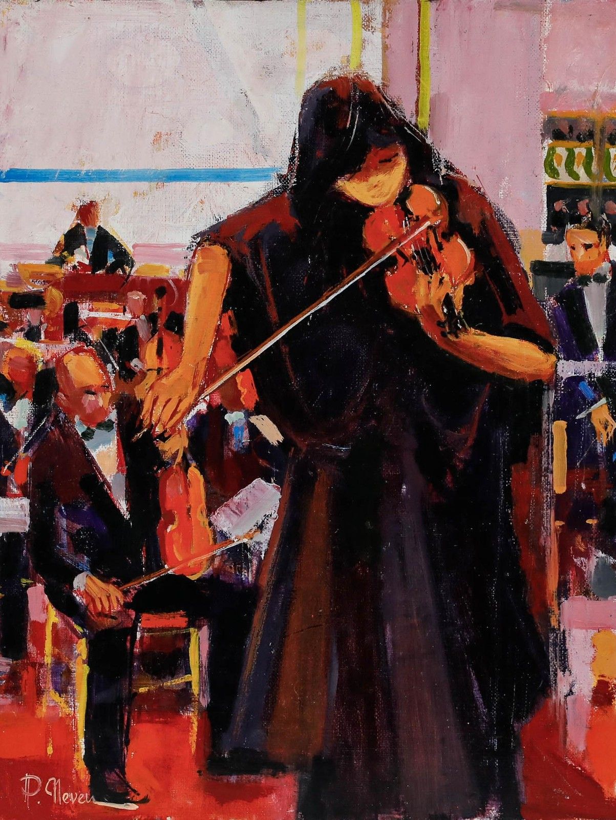 Pierre Neveu (B.1929) Contemporary Oil, The Violinist photo furniture