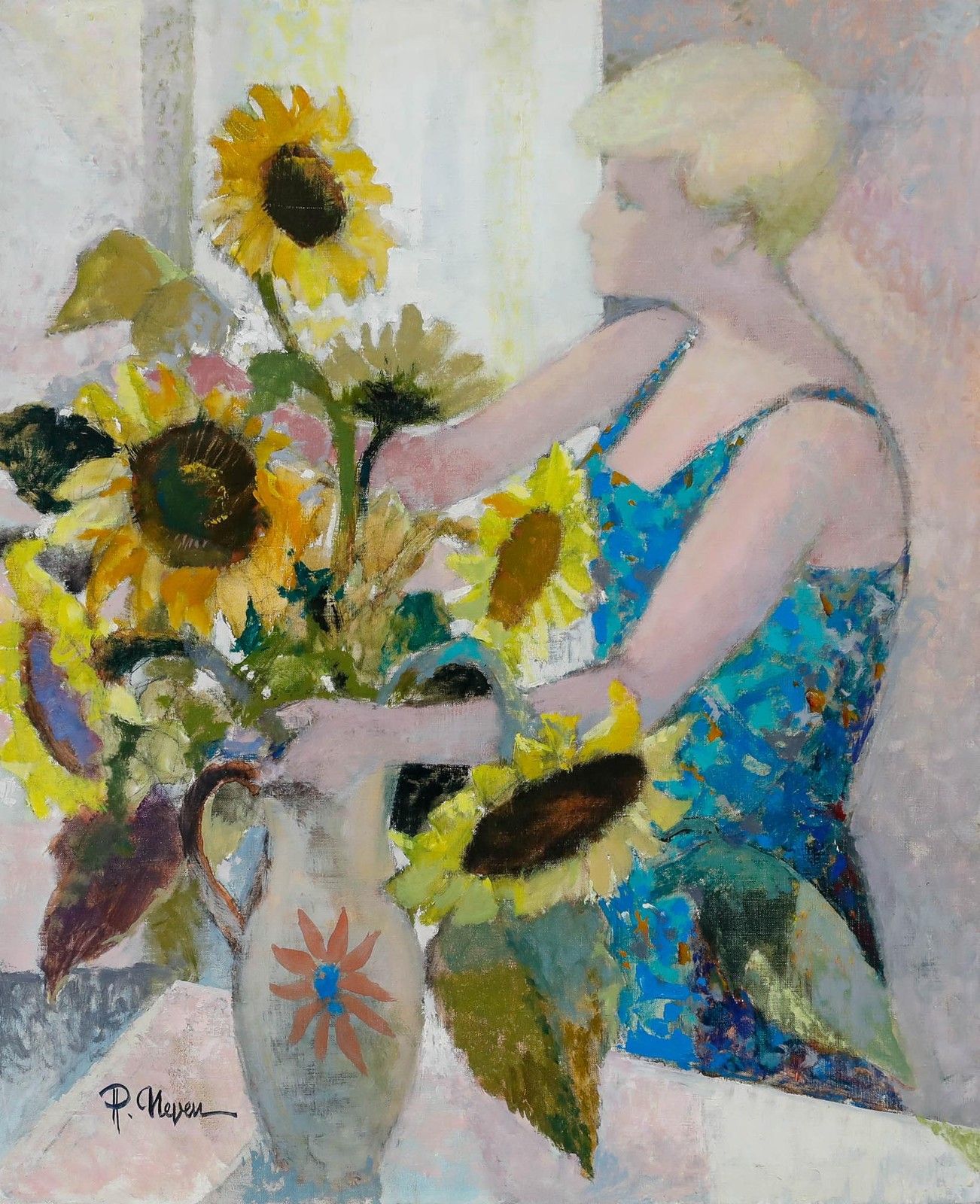 Pierre Neveu (B.1929) Contemporary Oil, The Lady & Sunflowers photo furniture