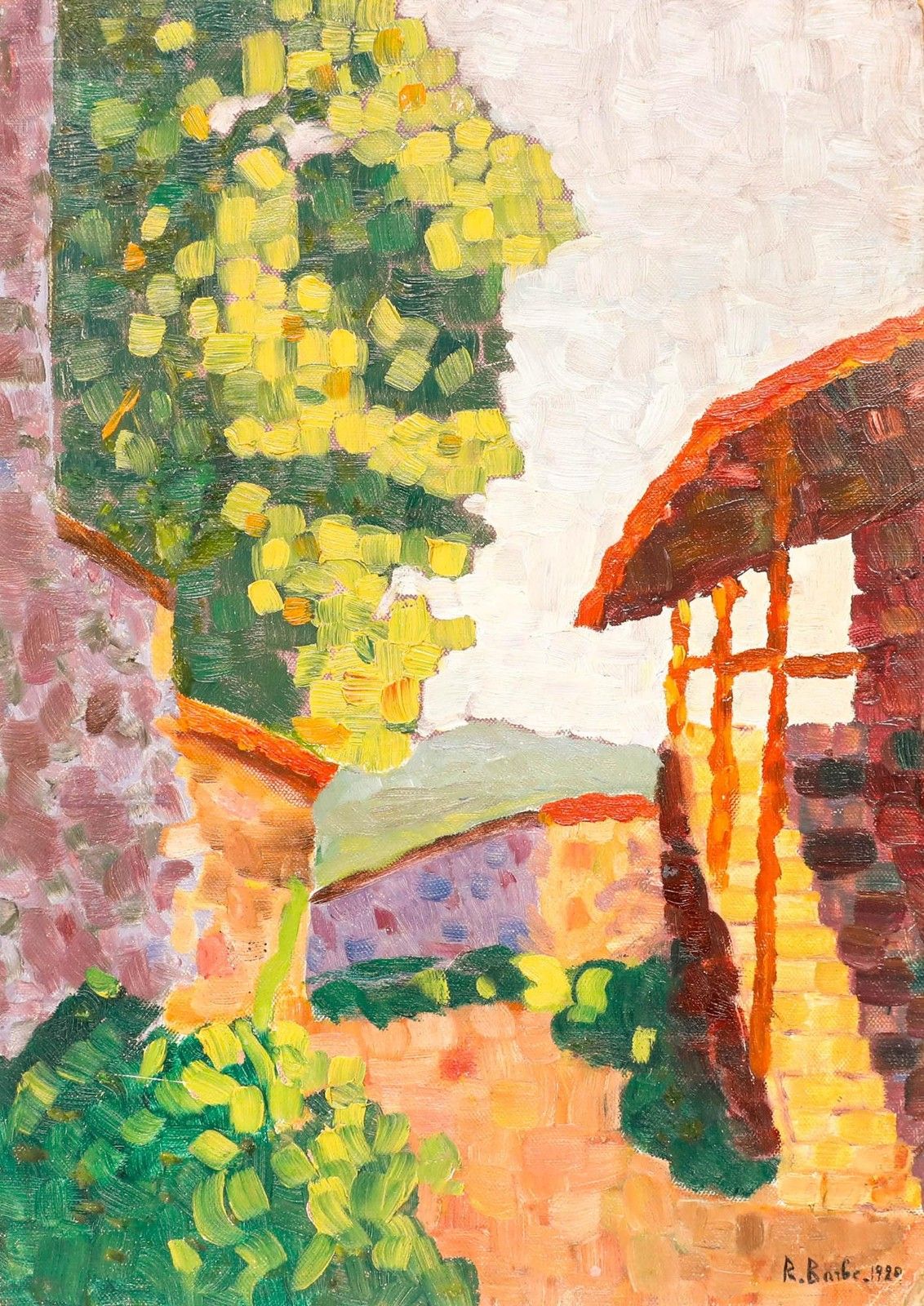 R. Barbe Early 20th Century Oil, A Village Near Grenoble photo furniture