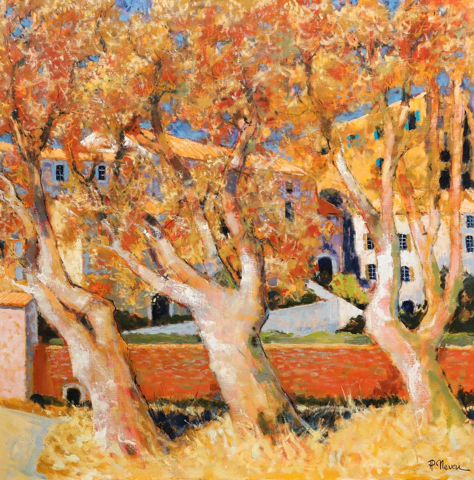 Pierre Neveu (B.1929) 20th Century Oil, Colours Of Autumn In Saint Gratien photo furniture