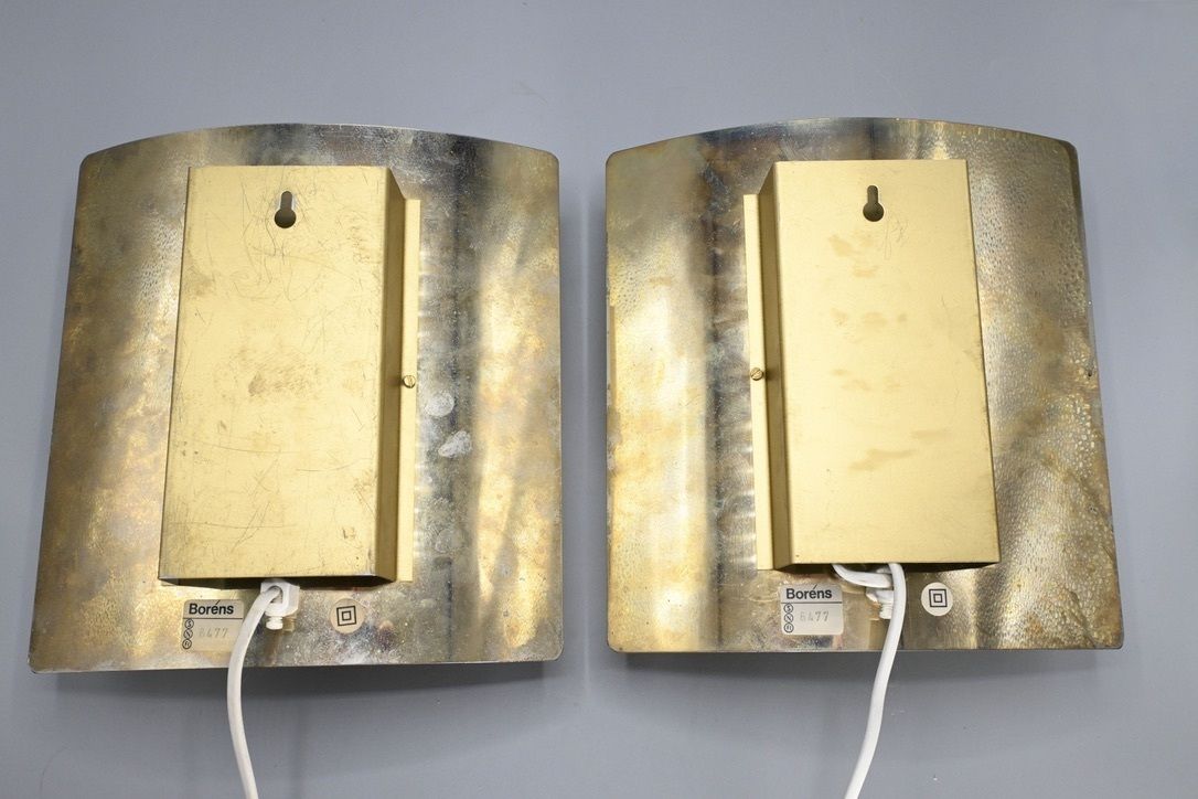 Lighting Pair Of Matching Perforated Brutalist Brass Wall Lamps Made By Borens Sweden, 1970s photo