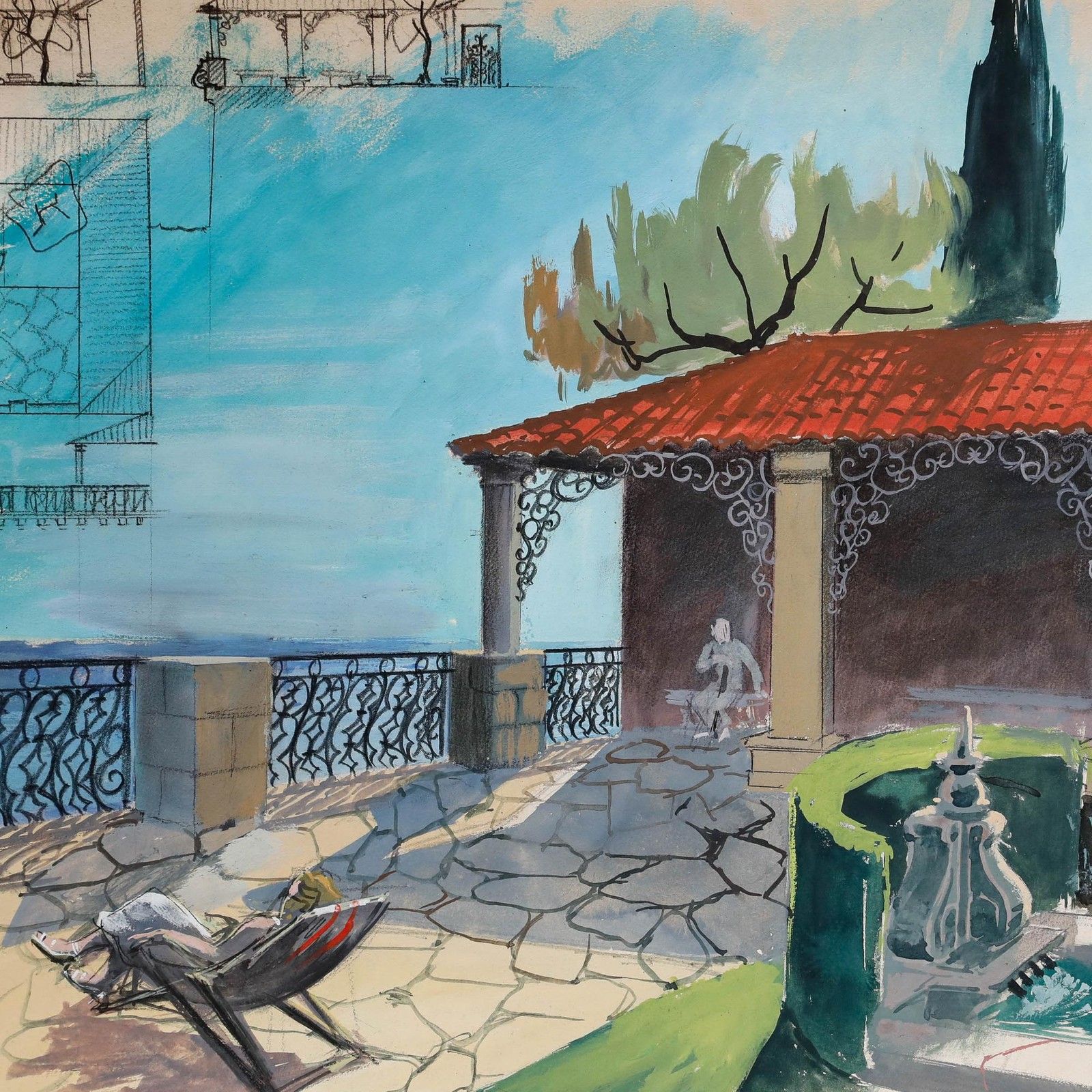 Pierre Neveu (B.1929) Mid 20th Century Gouache, Rooftop Terrace photo for sale
