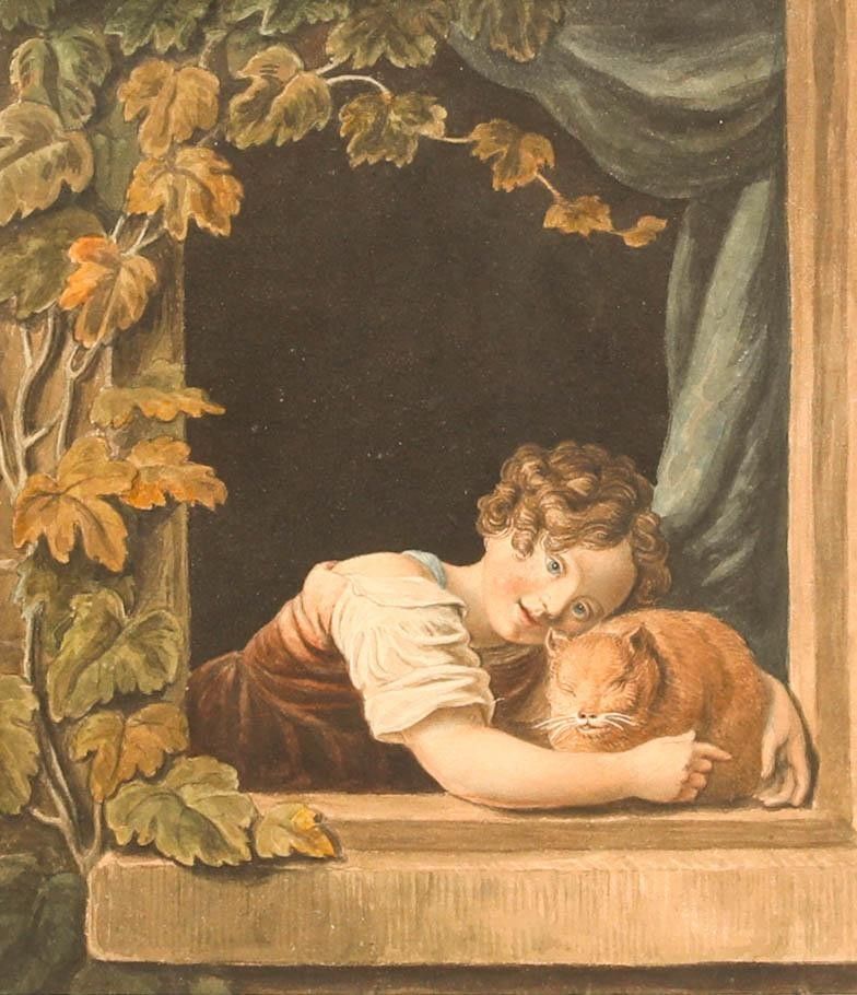 Early 19th Century Watercolour Little Girl With Orange Cat photo furniture