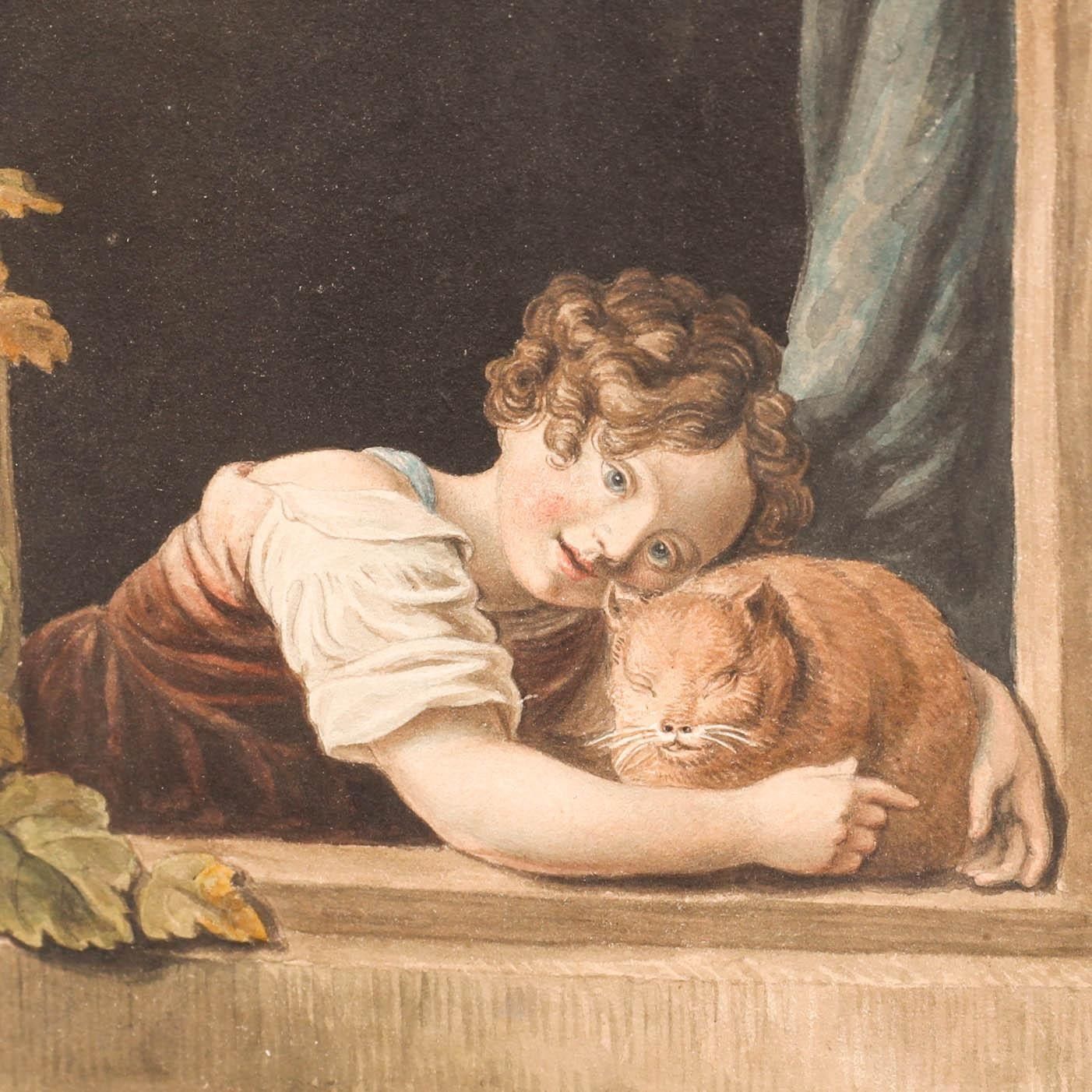 Early 19th Century Watercolour Little Girl With Orange Cat photo Art