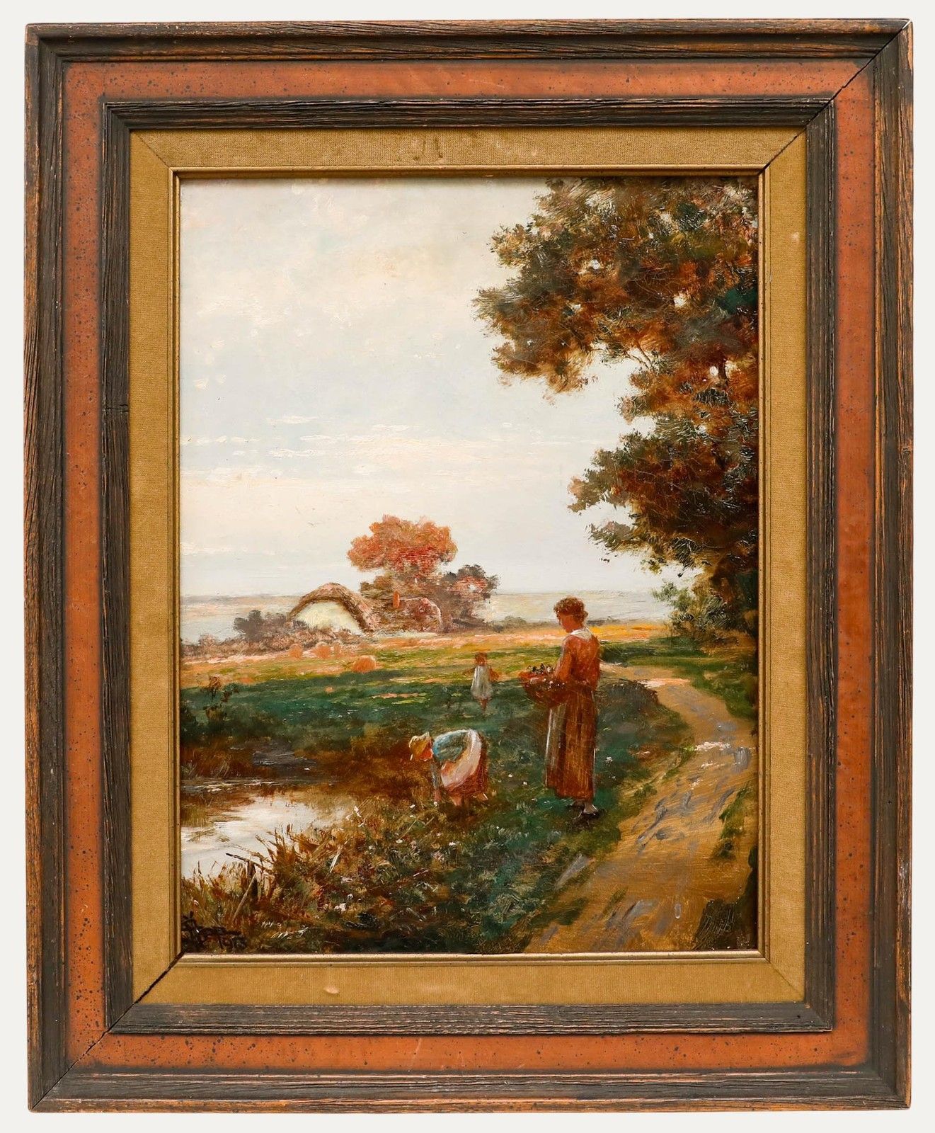 German School 1913 Oil Collecting Flowers