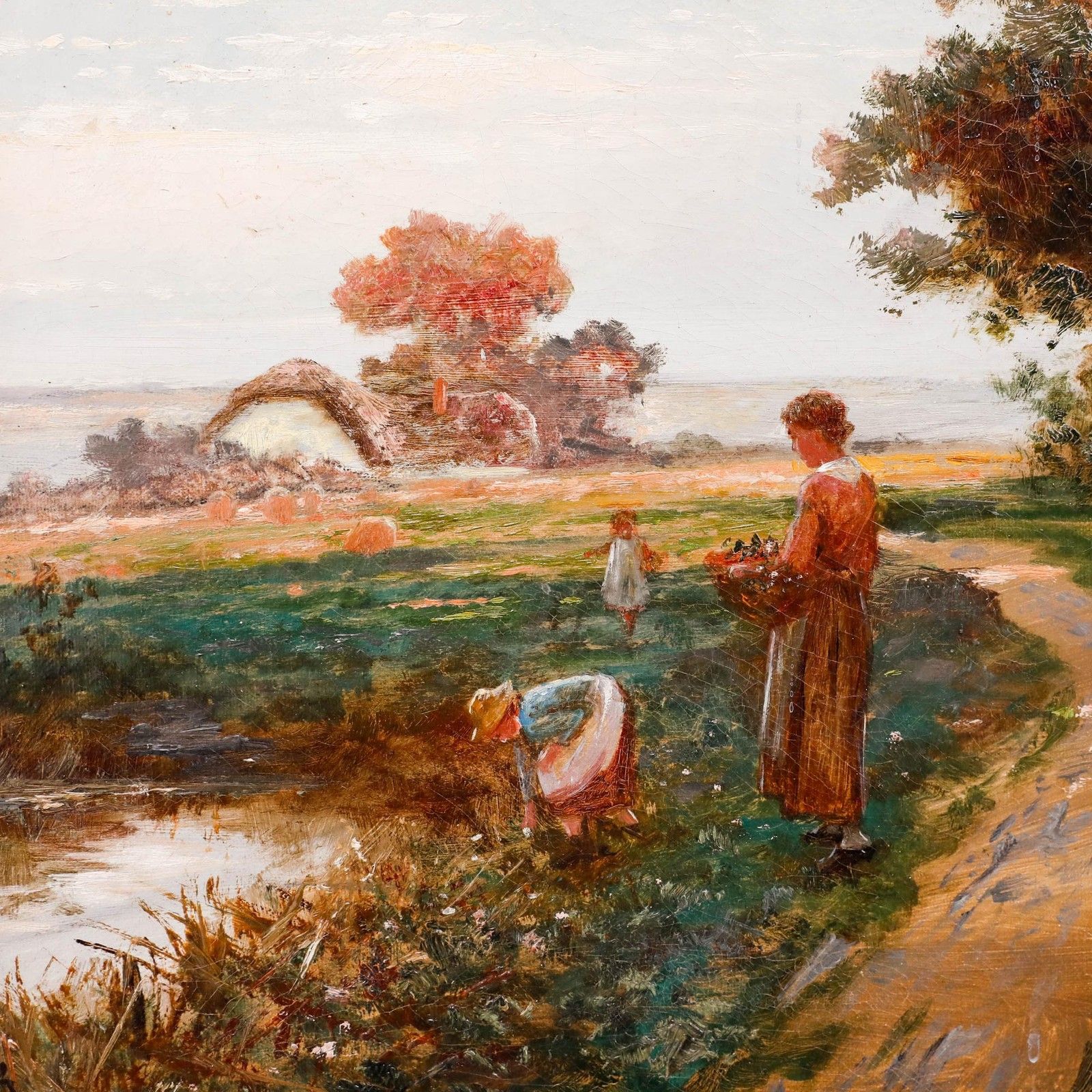 German School 1913 Oil Collecting Flowers photo Art