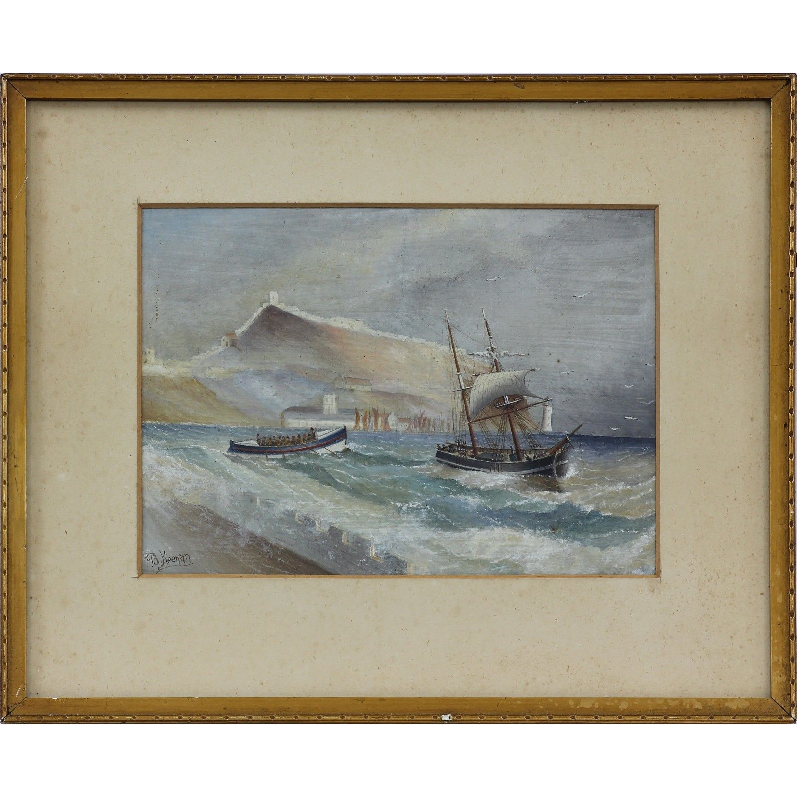 Oil On Board Behind Glass By Bernard Keenan. Ship In Distress Off Scarborough.