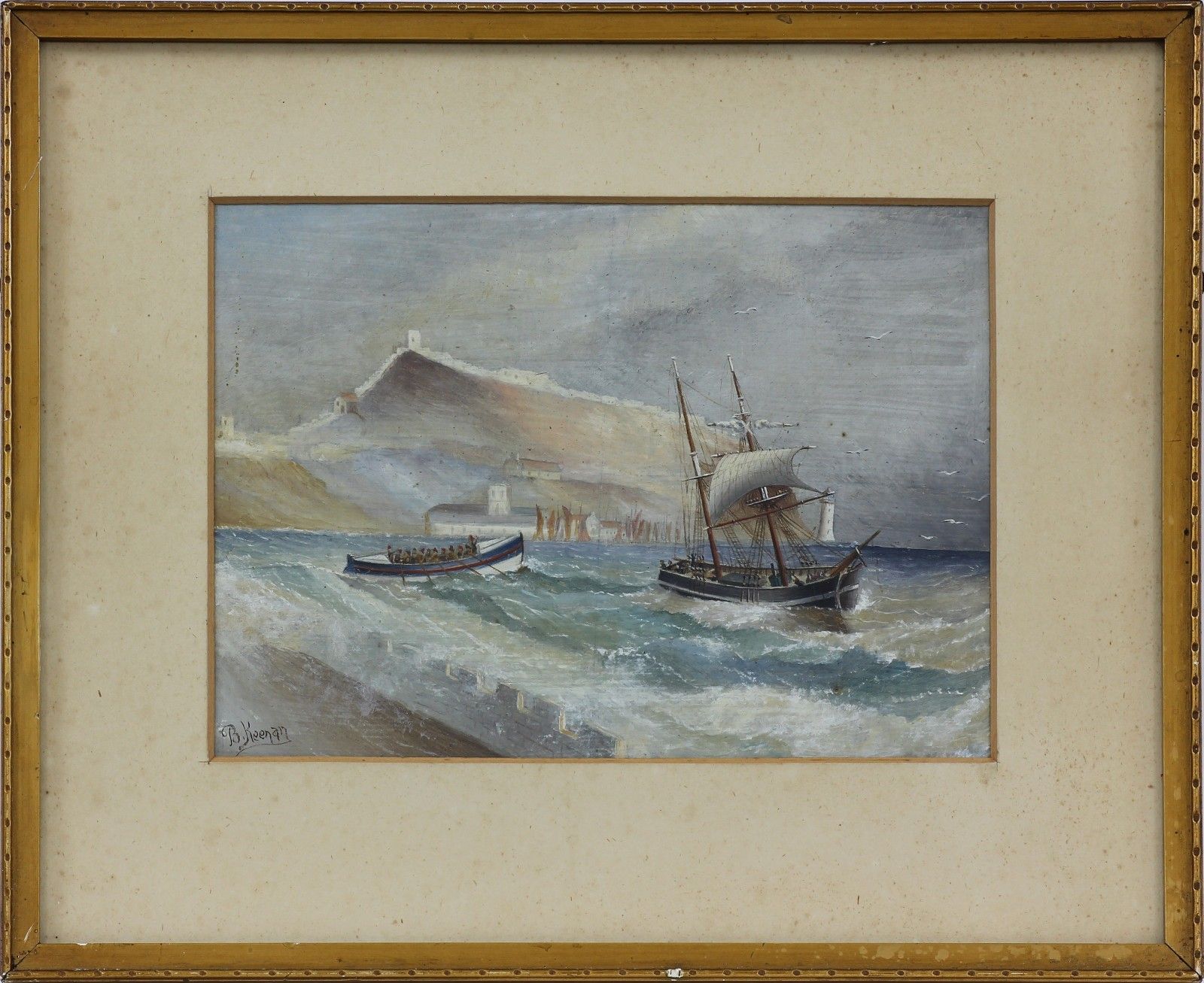 Oil On Board Behind Glass By Bernard Keenan. Ship In Distress Off Scarborough. photo Art