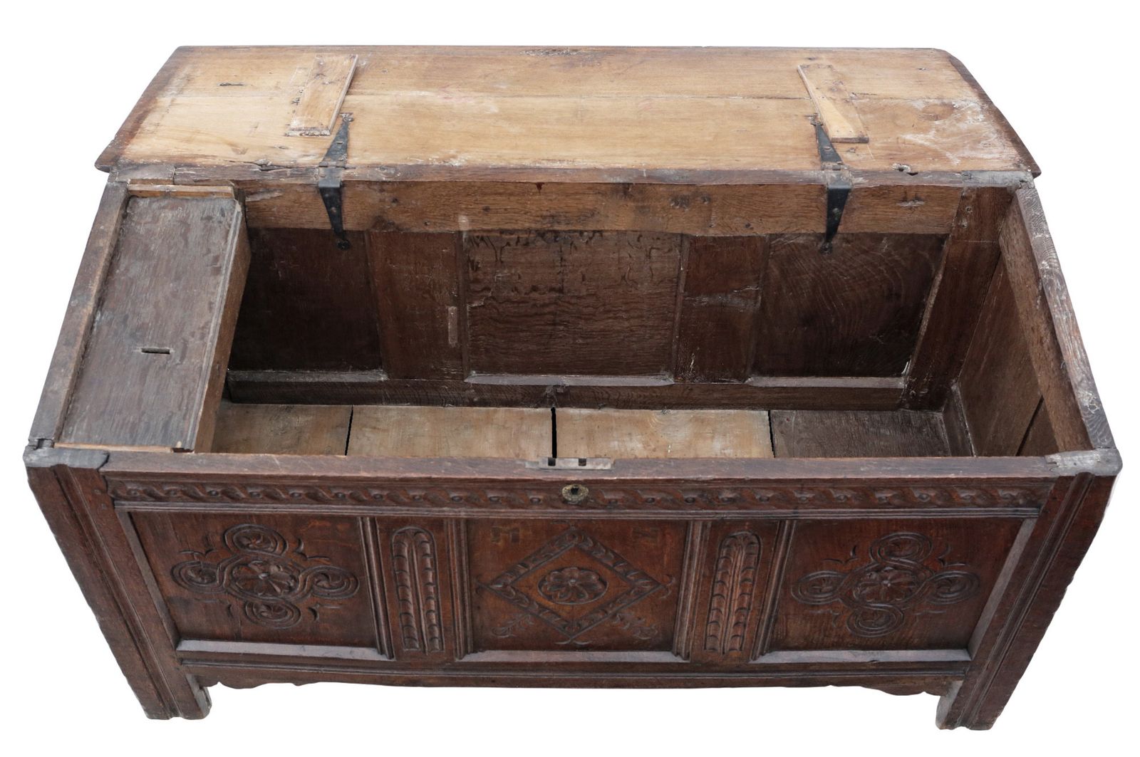 18th Century Large Carved Oak Coffer With Candle Box – Quality Marriage Chest photo vintage